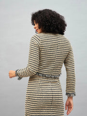 Women Off-White Check Jacquard Tweed Fringe Top