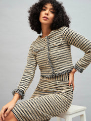 Women Off-White Check Jacquard Tweed Fringe Top