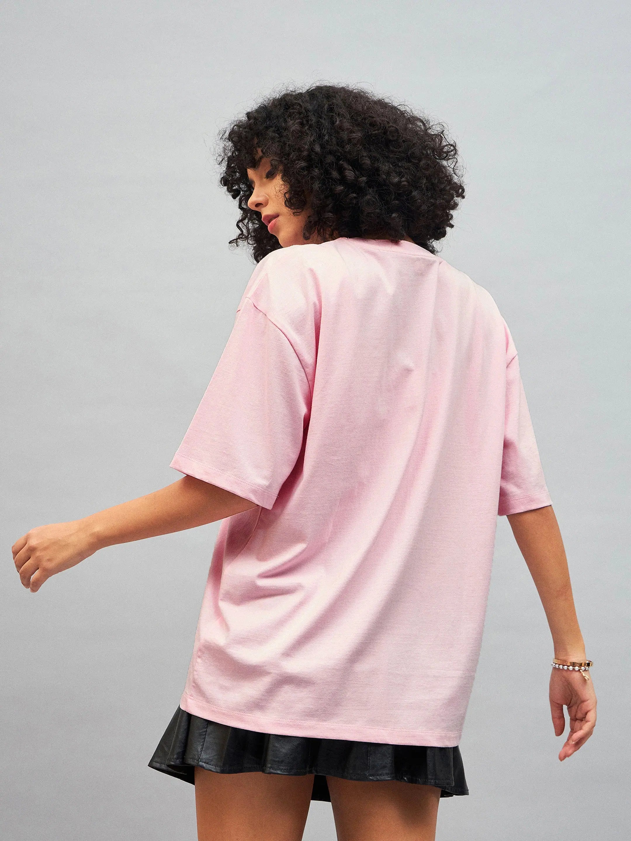 Pastel Pink Photo Print Oversized Tee | Women's Cotton Top