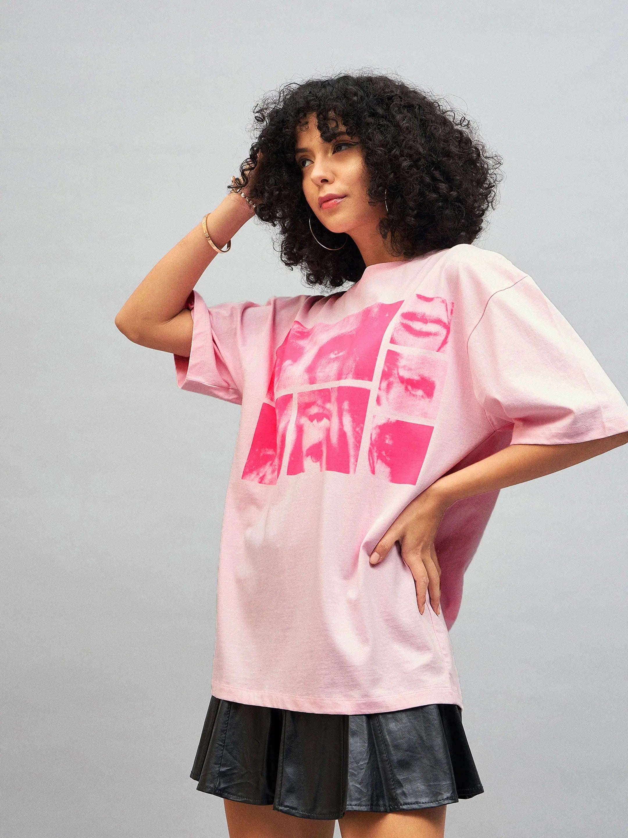 Pastel Pink Photo Print Oversized Tee | Women's Cotton Top