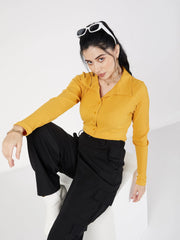 Women Yellow Rib Polo Neck Full Sleeves Top