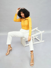 Women Yellow Rib Polo Neck Full Sleeves Top
