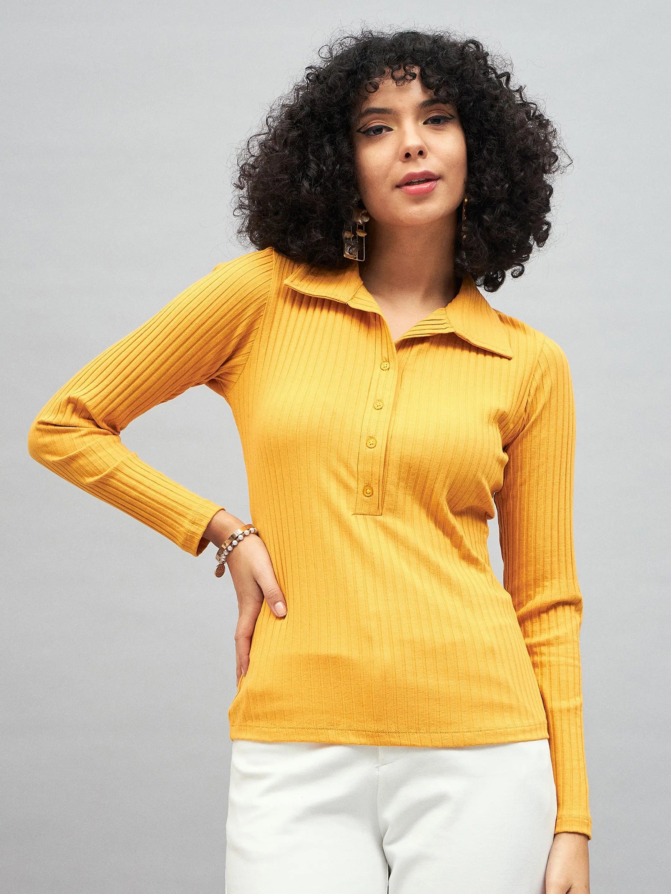 Yellow Rib Polo Neck Top | Women's Western Clothing Online
