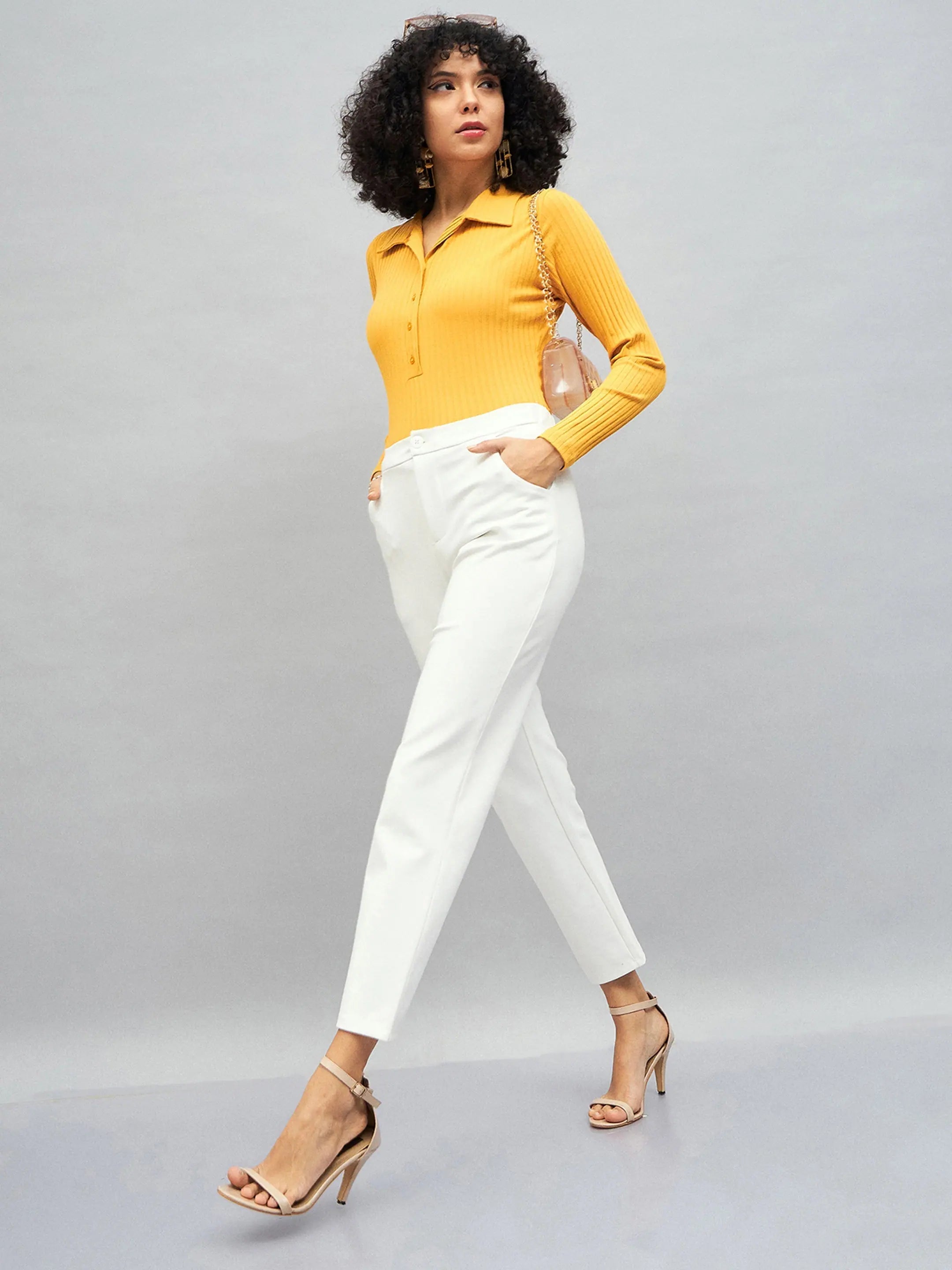 Yellow Rib Polo Neck Top | Women's Western Clothing Online