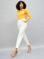Women Yellow Rib Polo Neck Full Sleeves Top