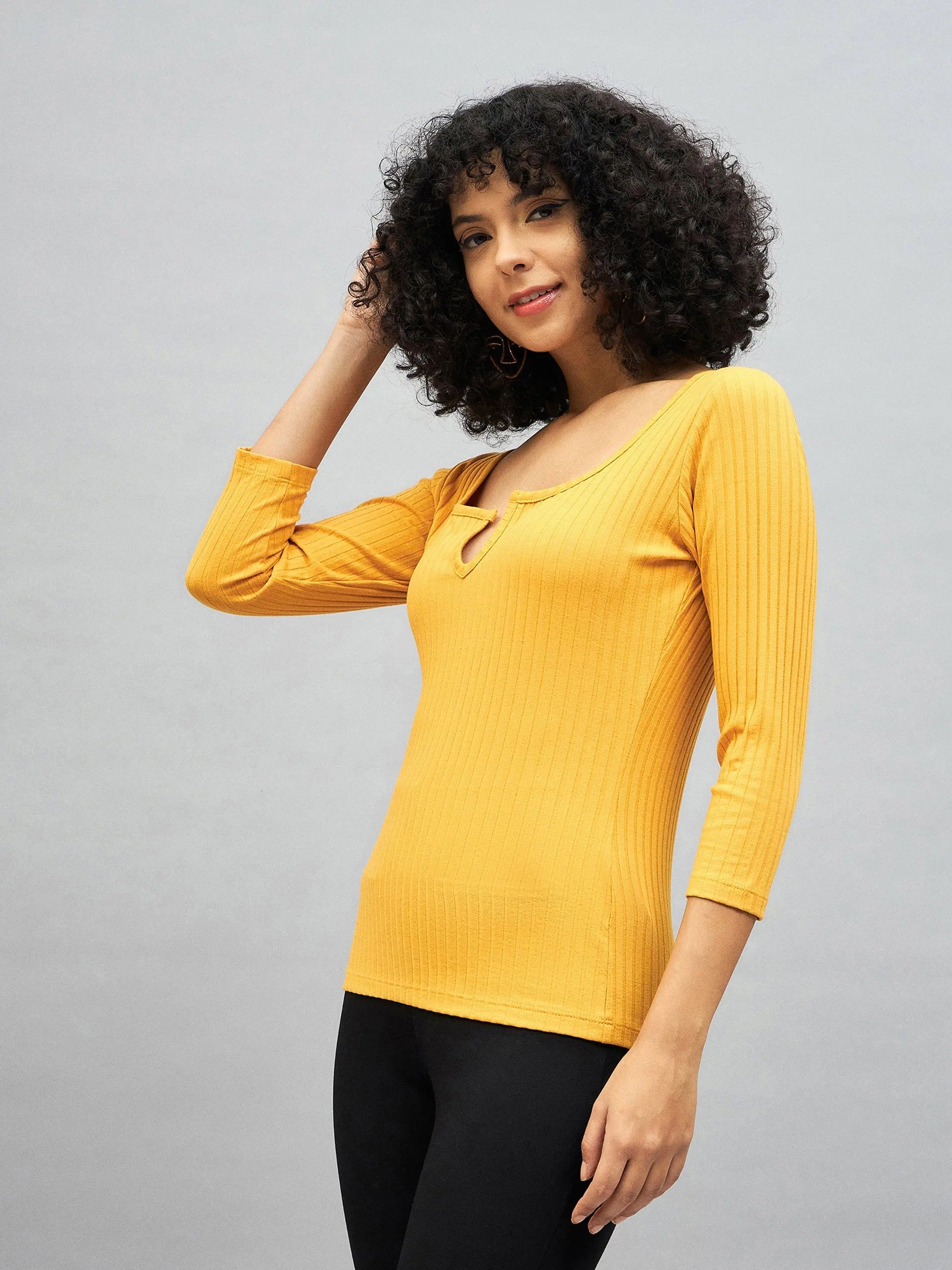 Yellow Rib V-Neck Top | Women's Western Wear