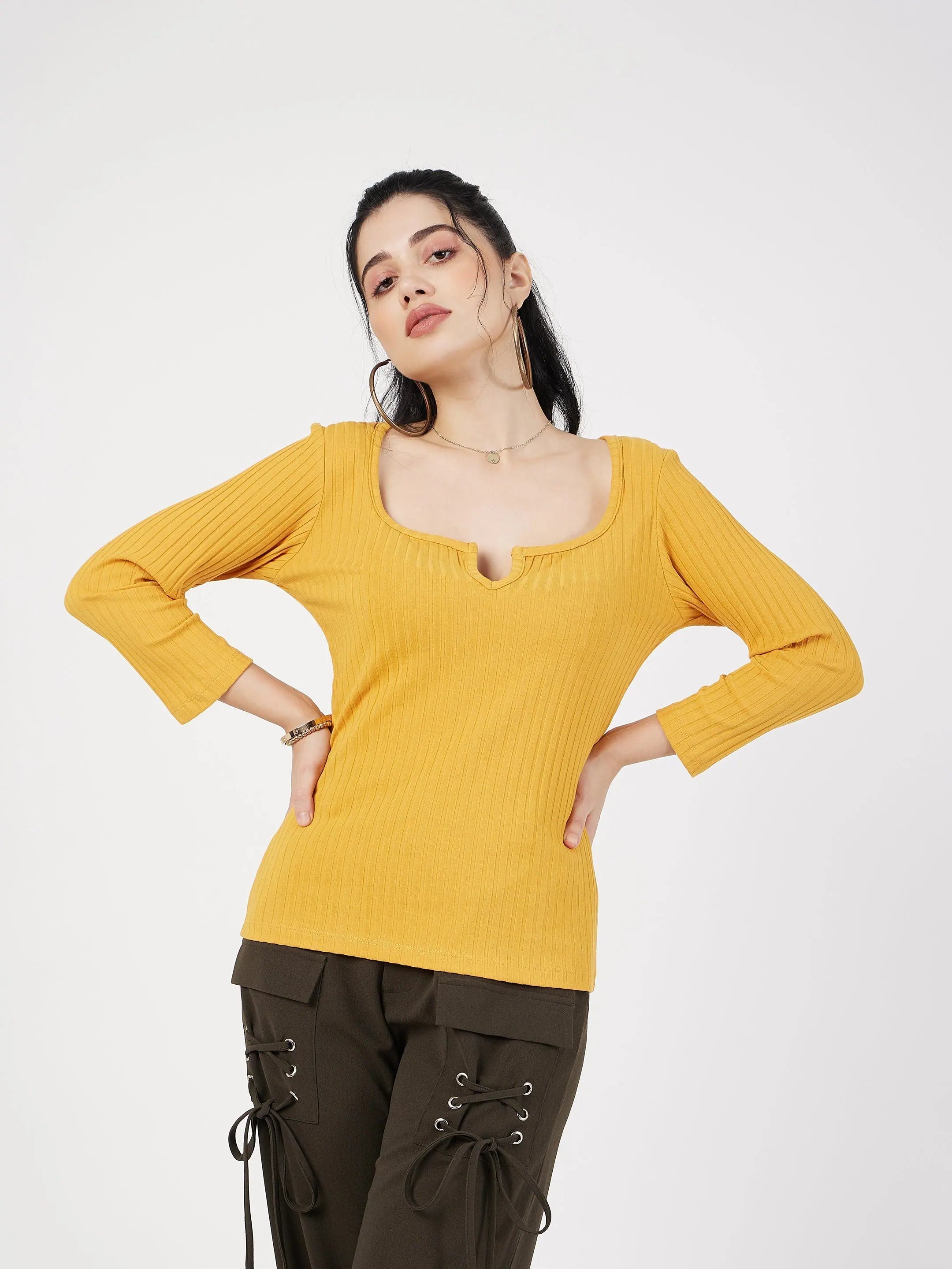 Yellow Rib V-Neck Top | Women's Western Wear