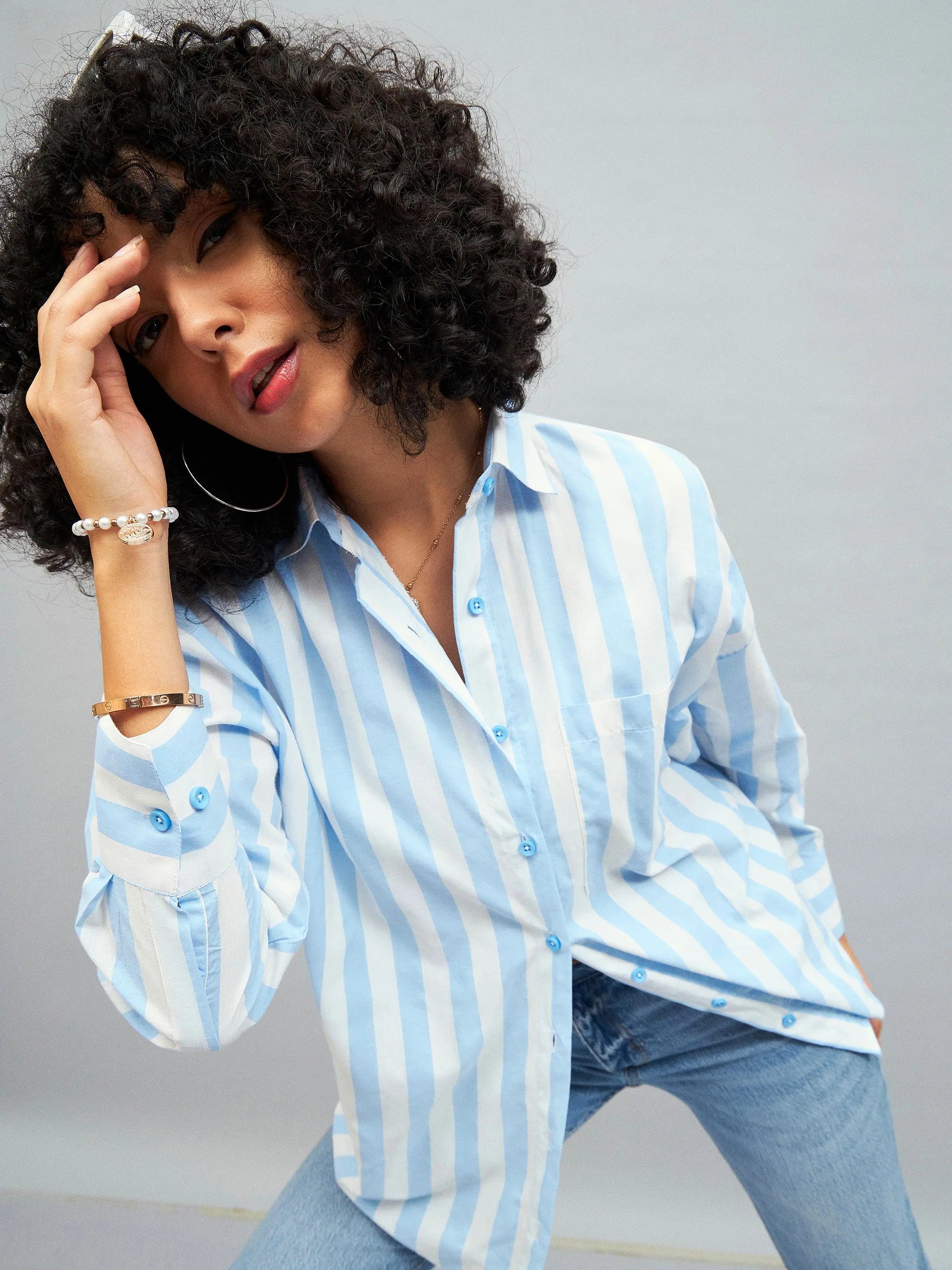 Blue & White Striped Cotton Oversized Shirt | Women's Top