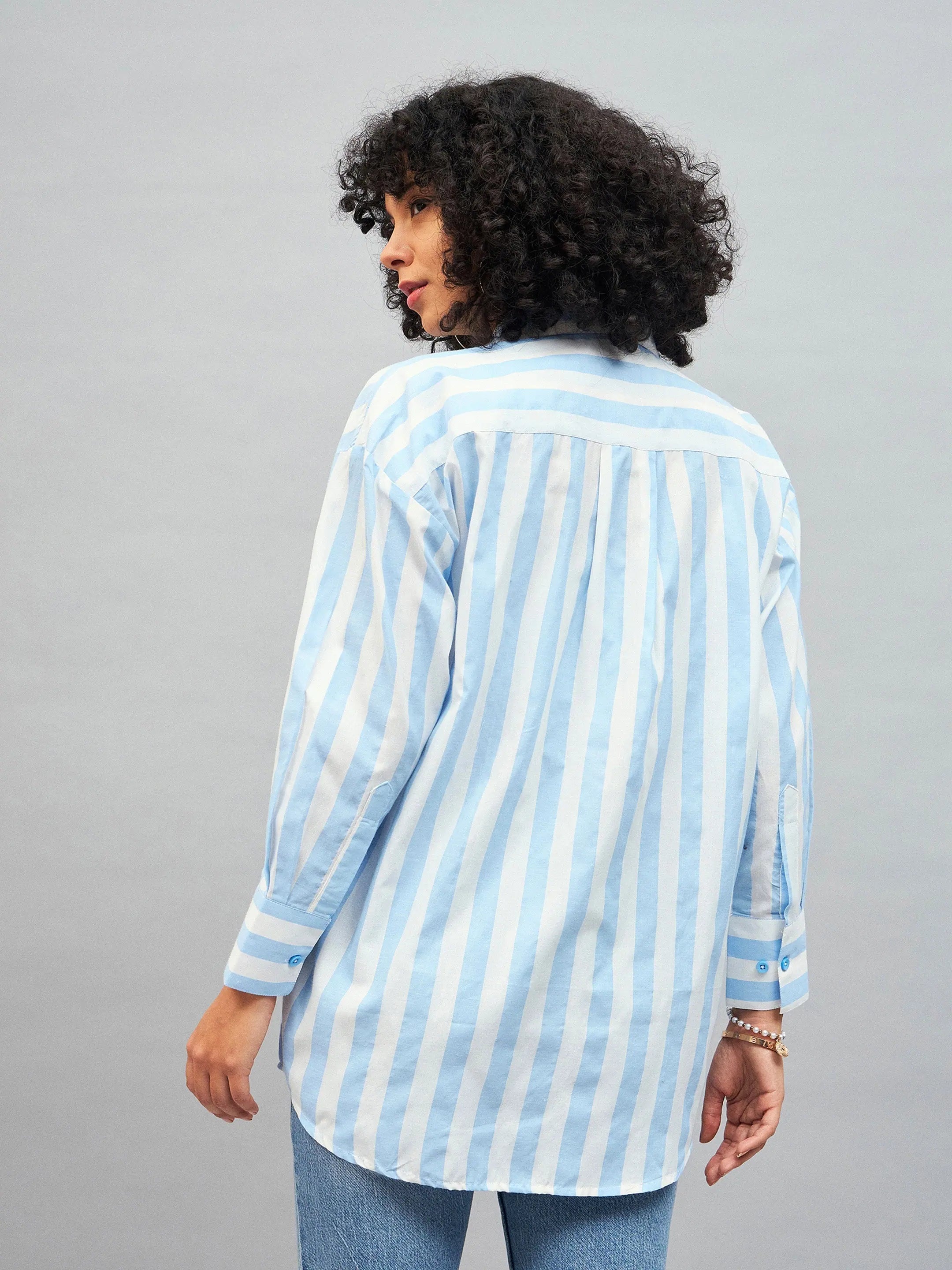 Blue & White Striped Cotton Oversized Shirt | Women's Top