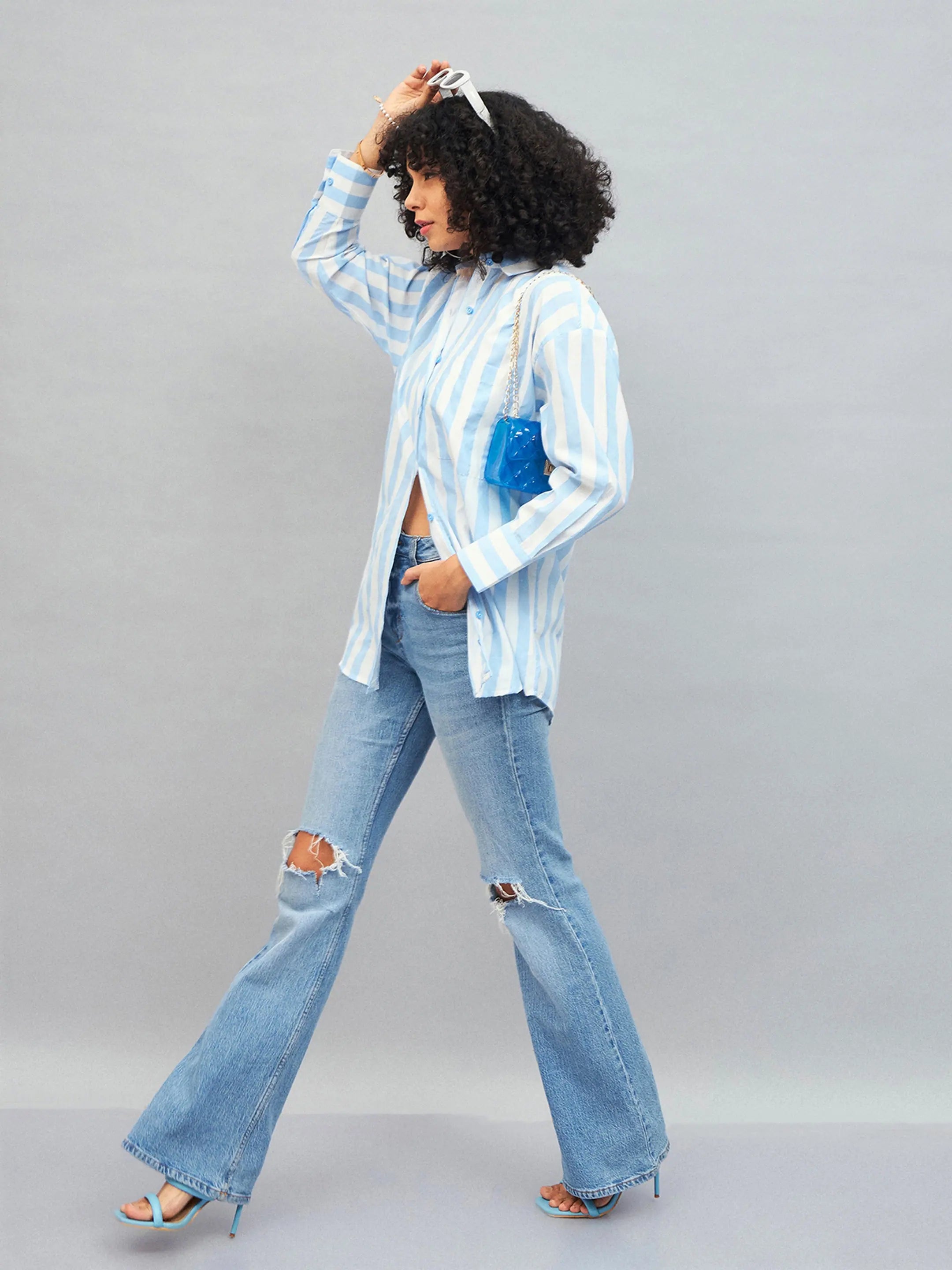 Blue & White Striped Cotton Oversized Shirt | Women's Top