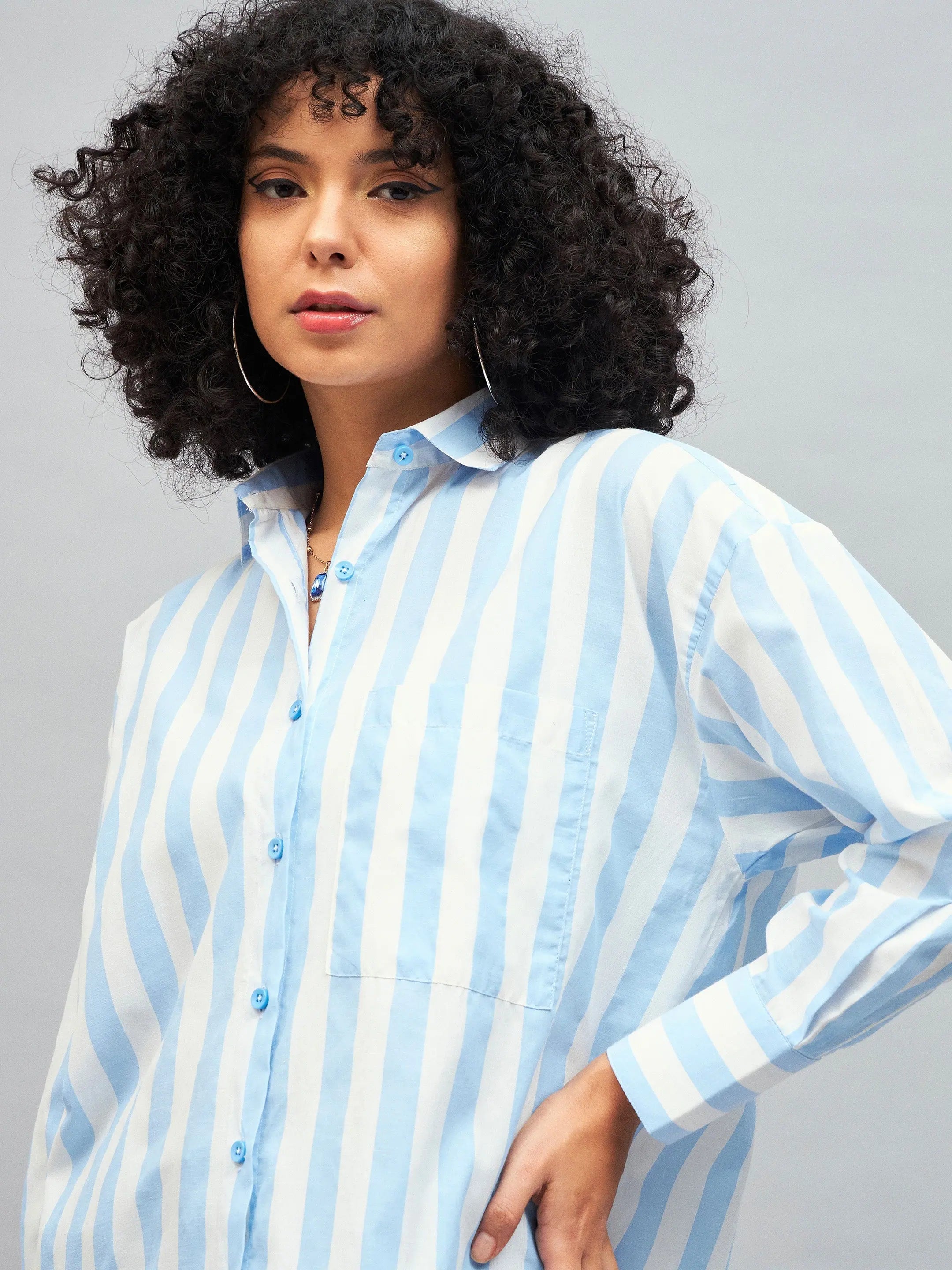 Blue & White Striped Cotton Oversized Shirt | Women's Top