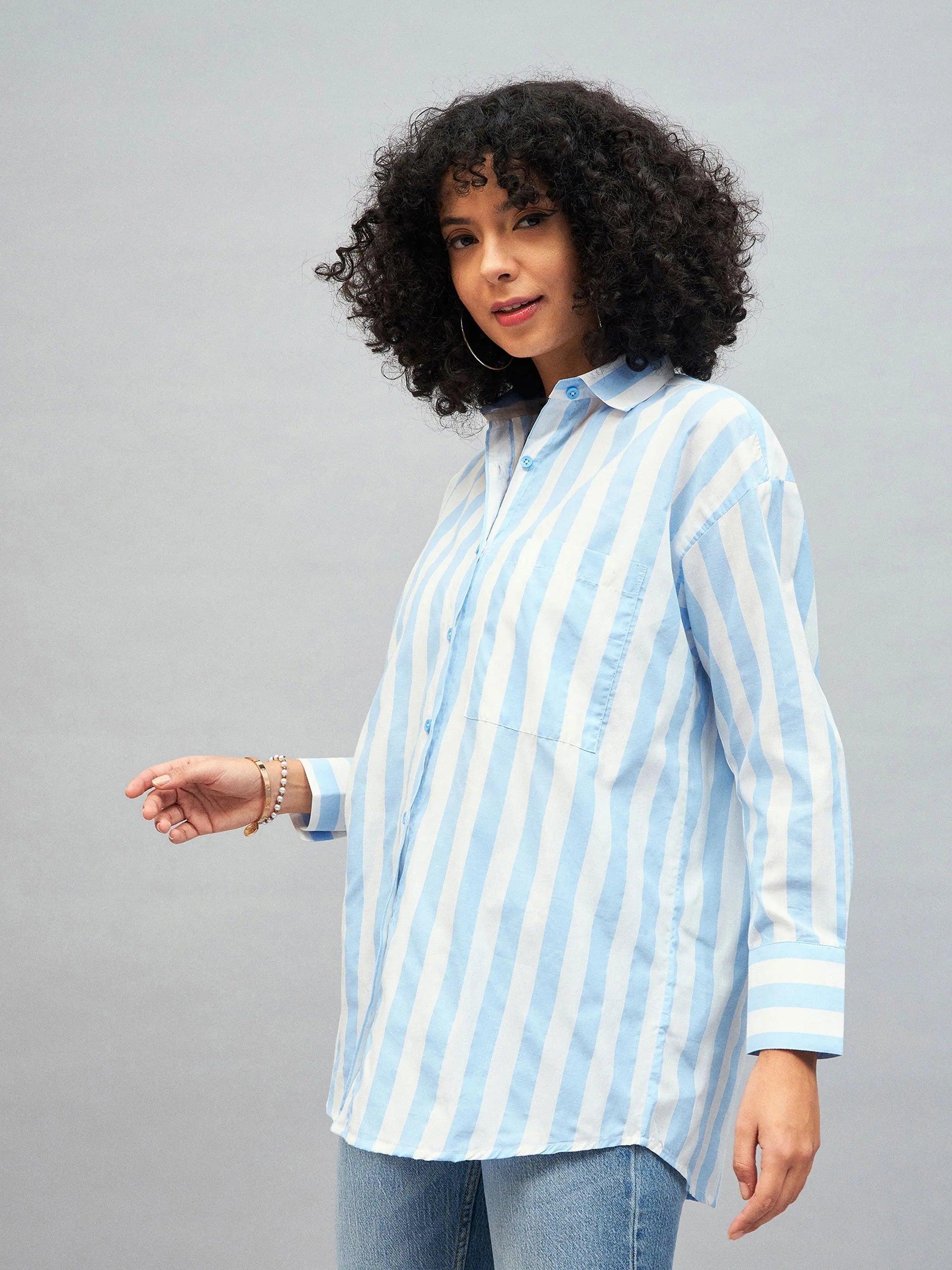 Blue & White Striped Cotton Oversized Shirt | Women's Top