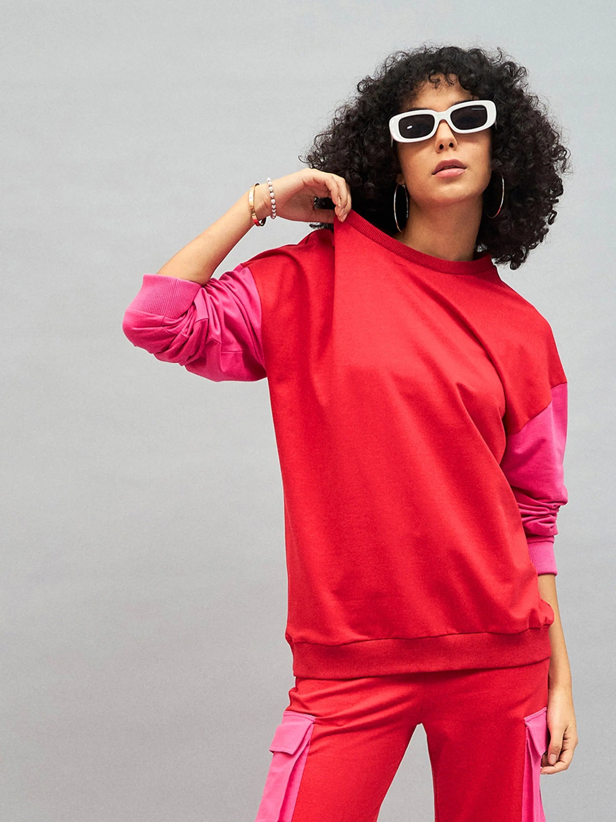Red Colourblock Oversize Sweatshirt - Women's Comfort Fit