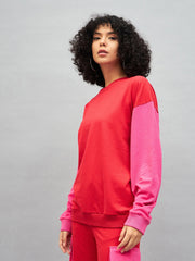 Women Red Knitted Colourblock Oversize Sweatshirt
