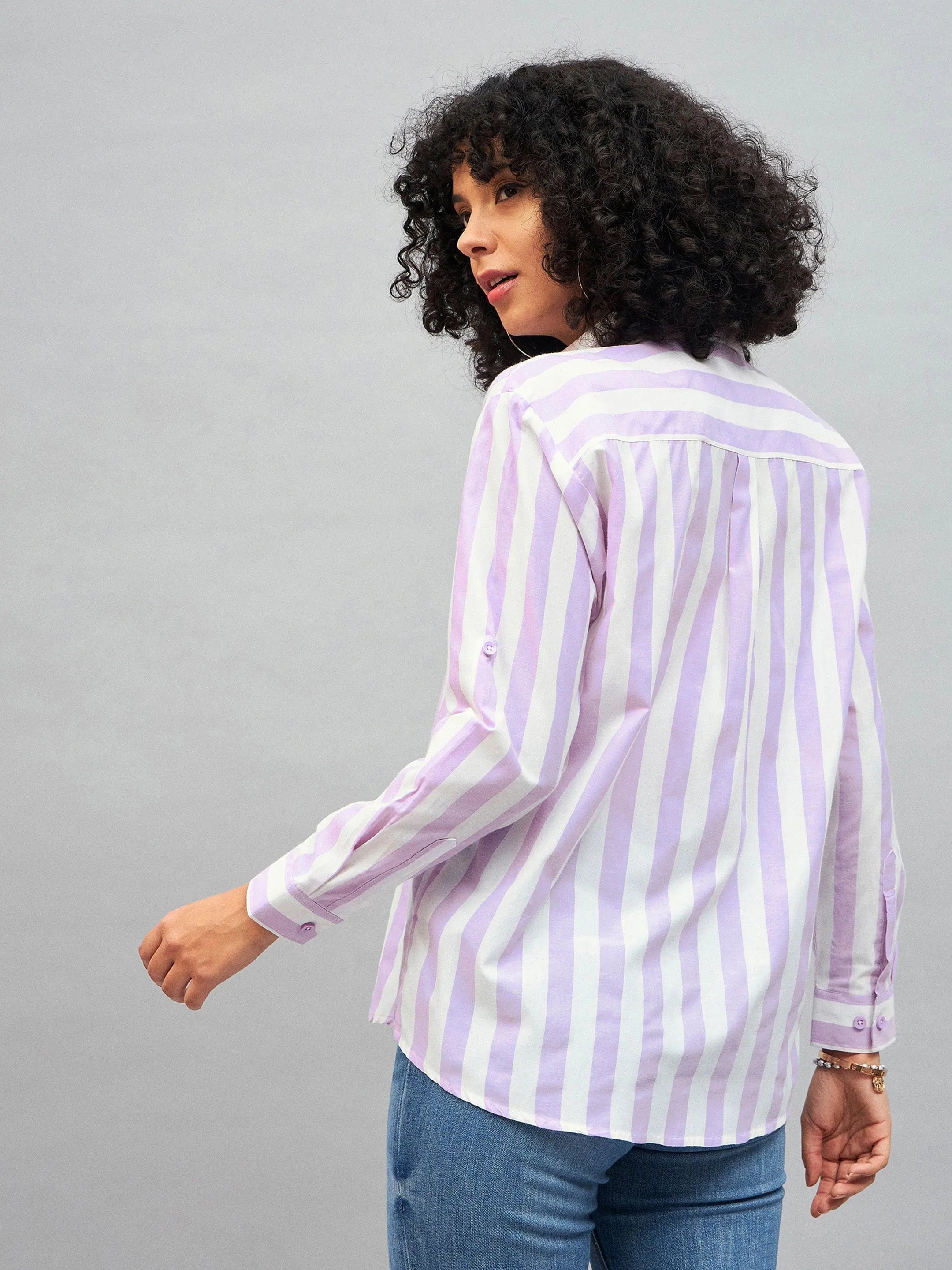Purple & White Striped Shirt - Women's Cotton Relax Fit