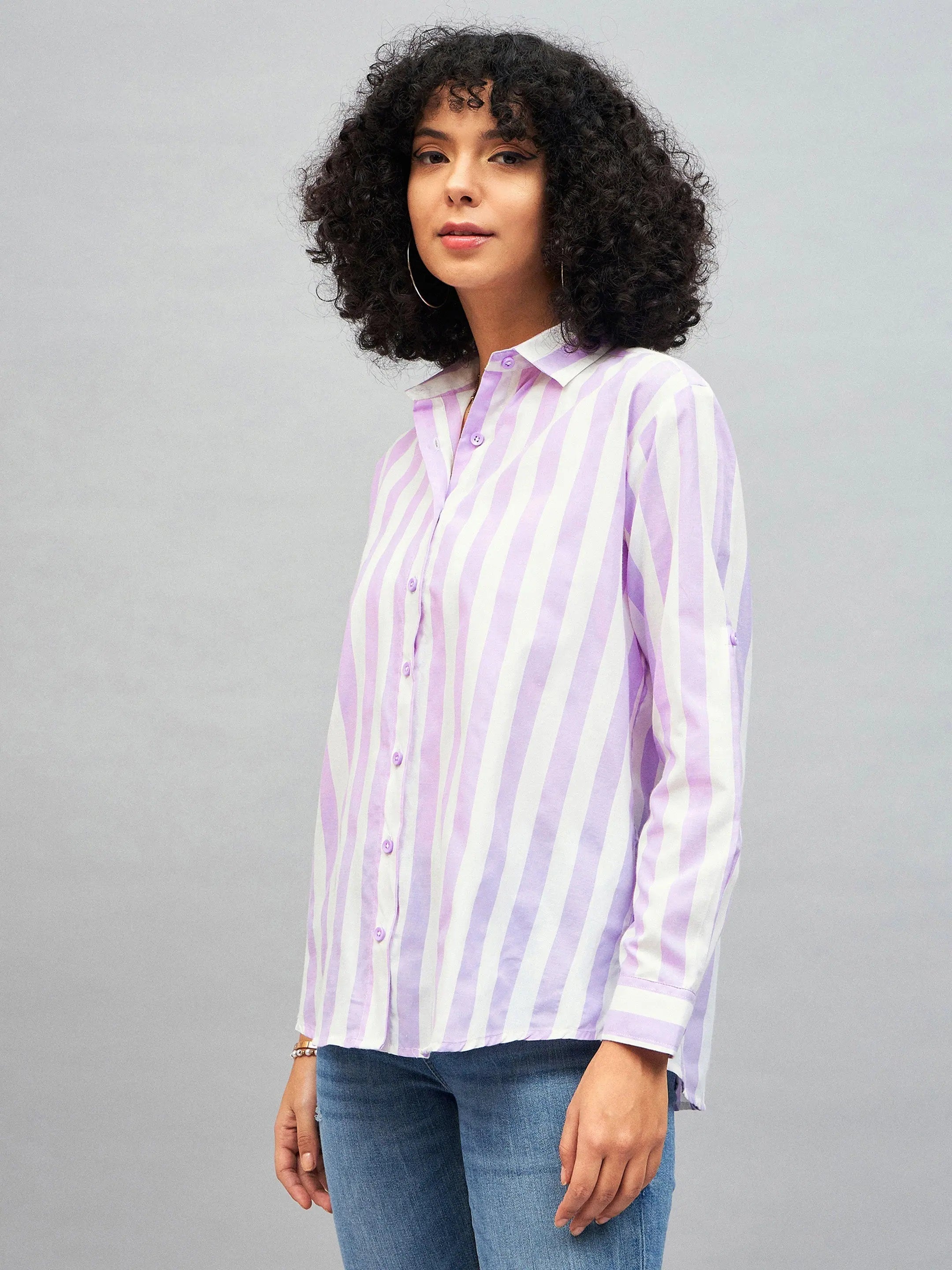 Purple & White Striped Shirt - Women's Cotton Relax Fit
