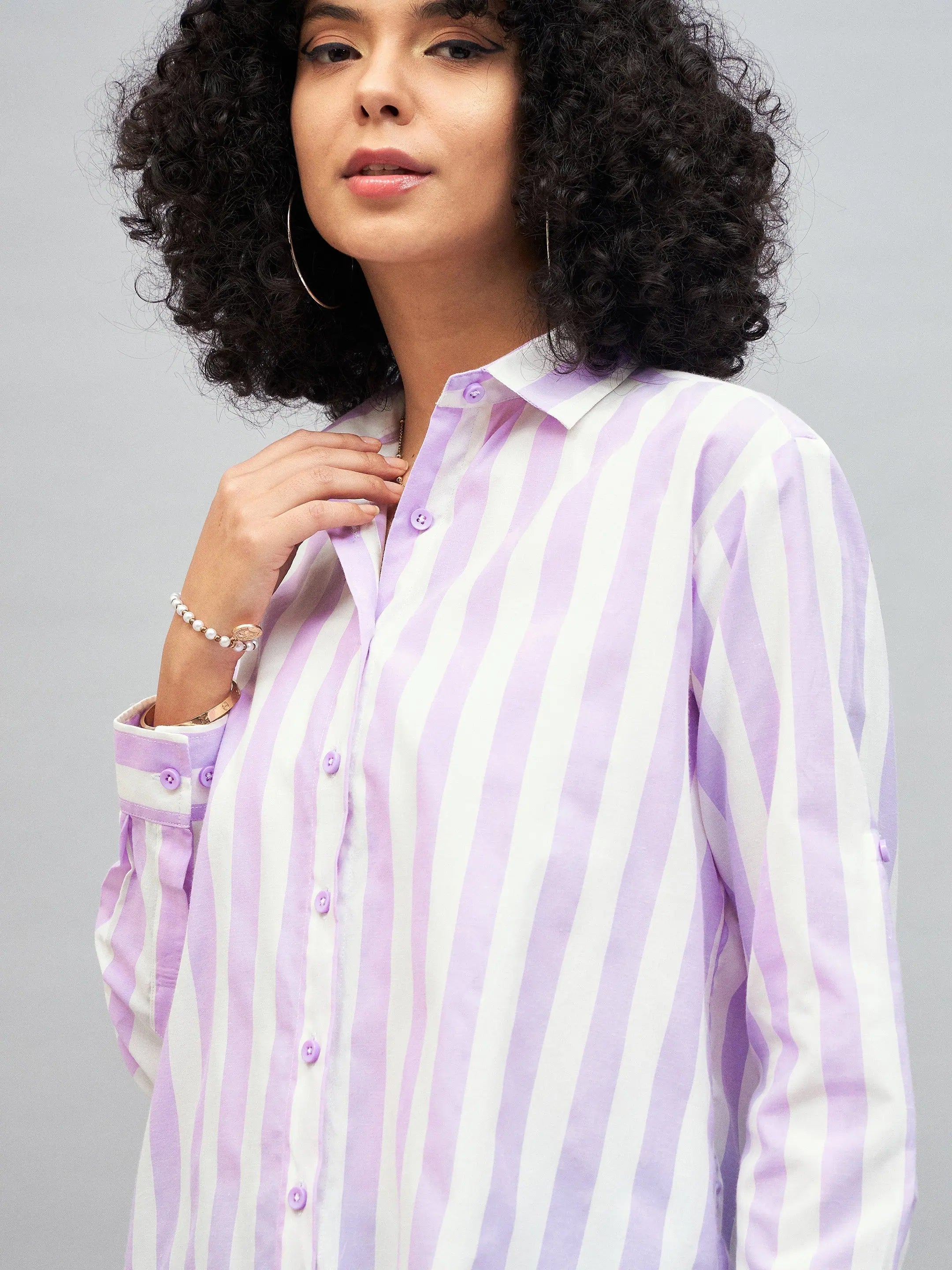 Purple & White Striped Shirt - Women's Cotton Relax Fit