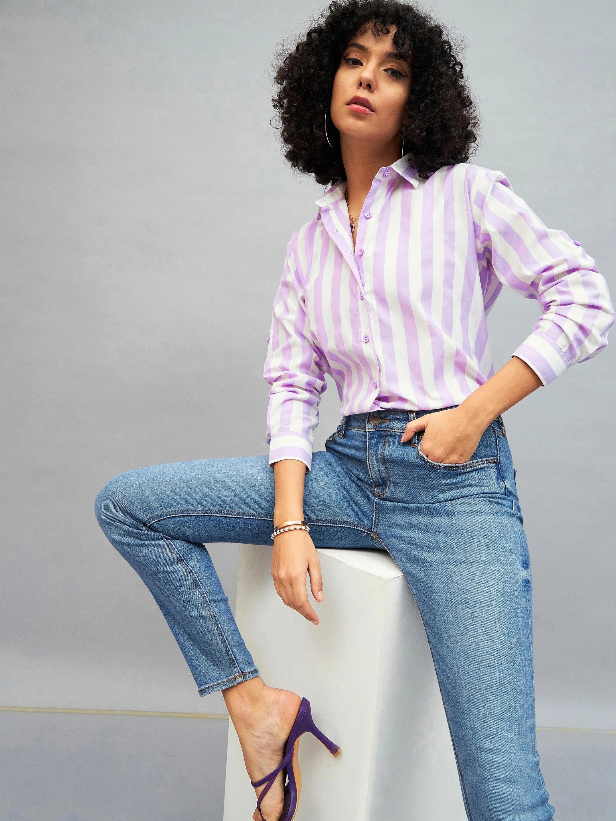 Purple & White Striped Shirt - Women's Cotton Relax Fit