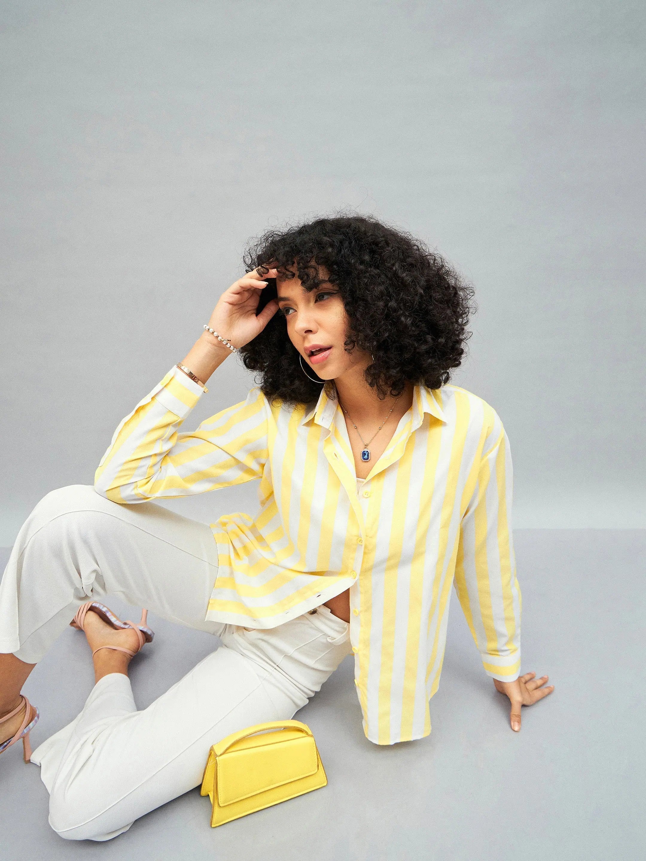 Yellow & White Striped Cotton Shirt - Women's Relaxed Fit