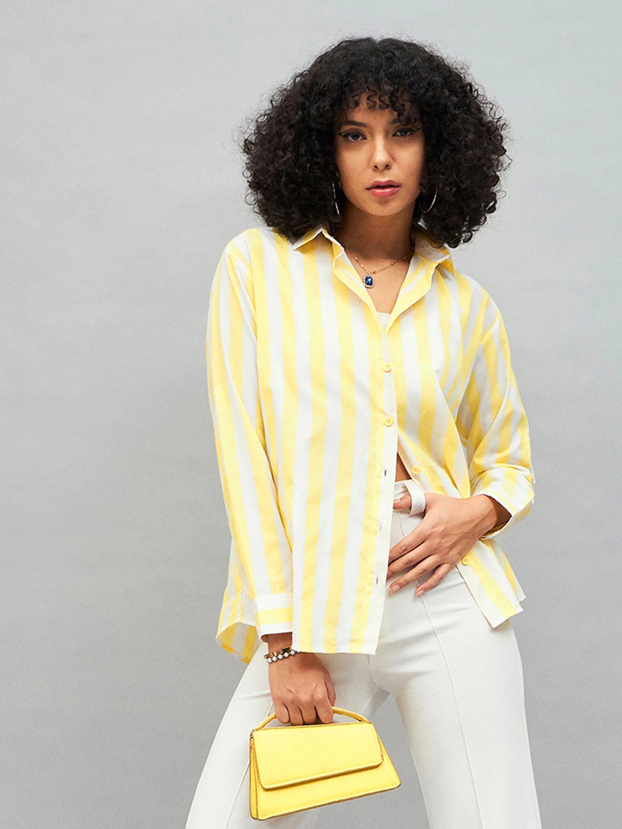Yellow & White Striped Cotton Shirt - Women's Relaxed Fit