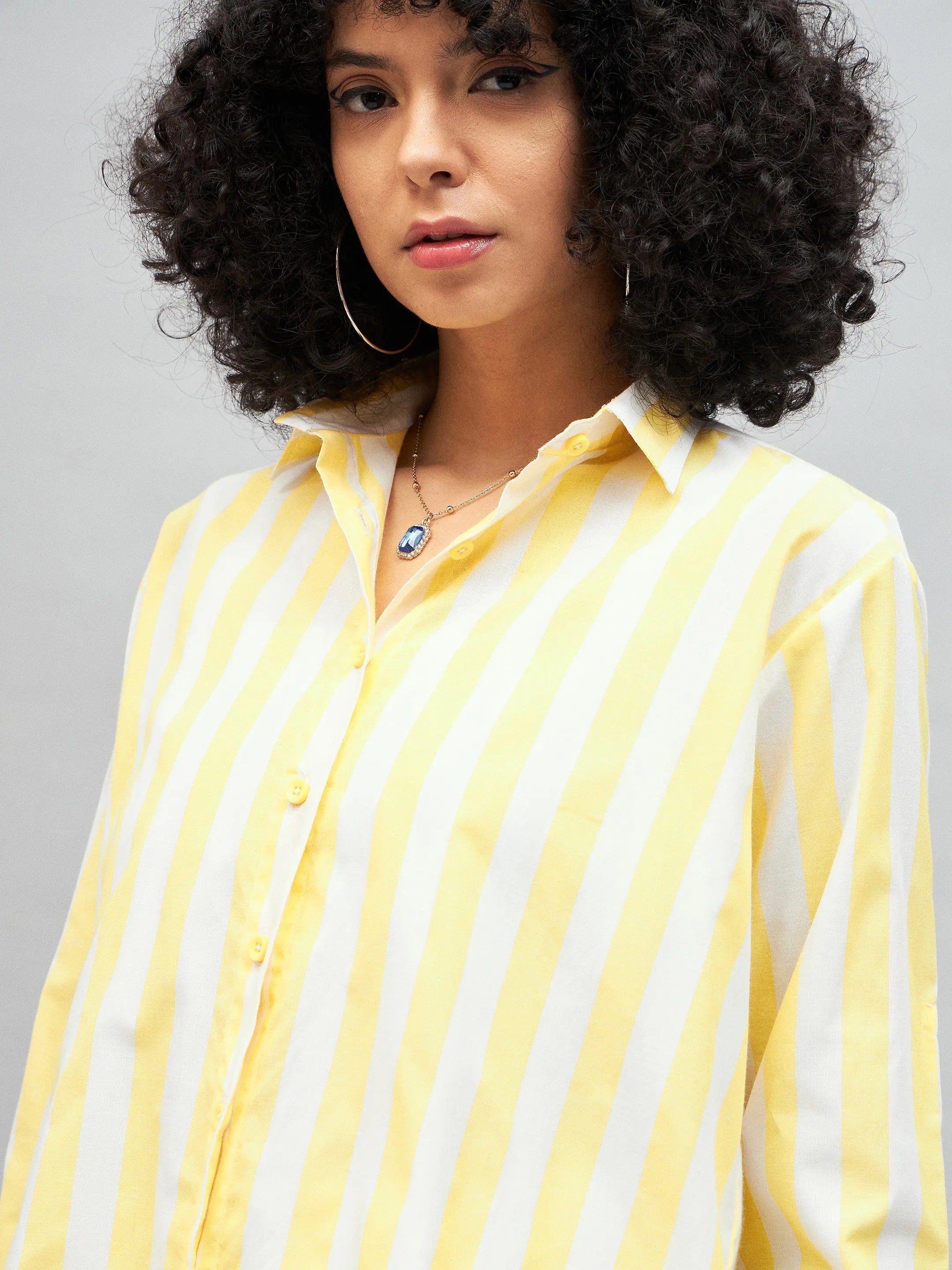 Yellow & White Striped Cotton Shirt - Women's Relaxed Fit