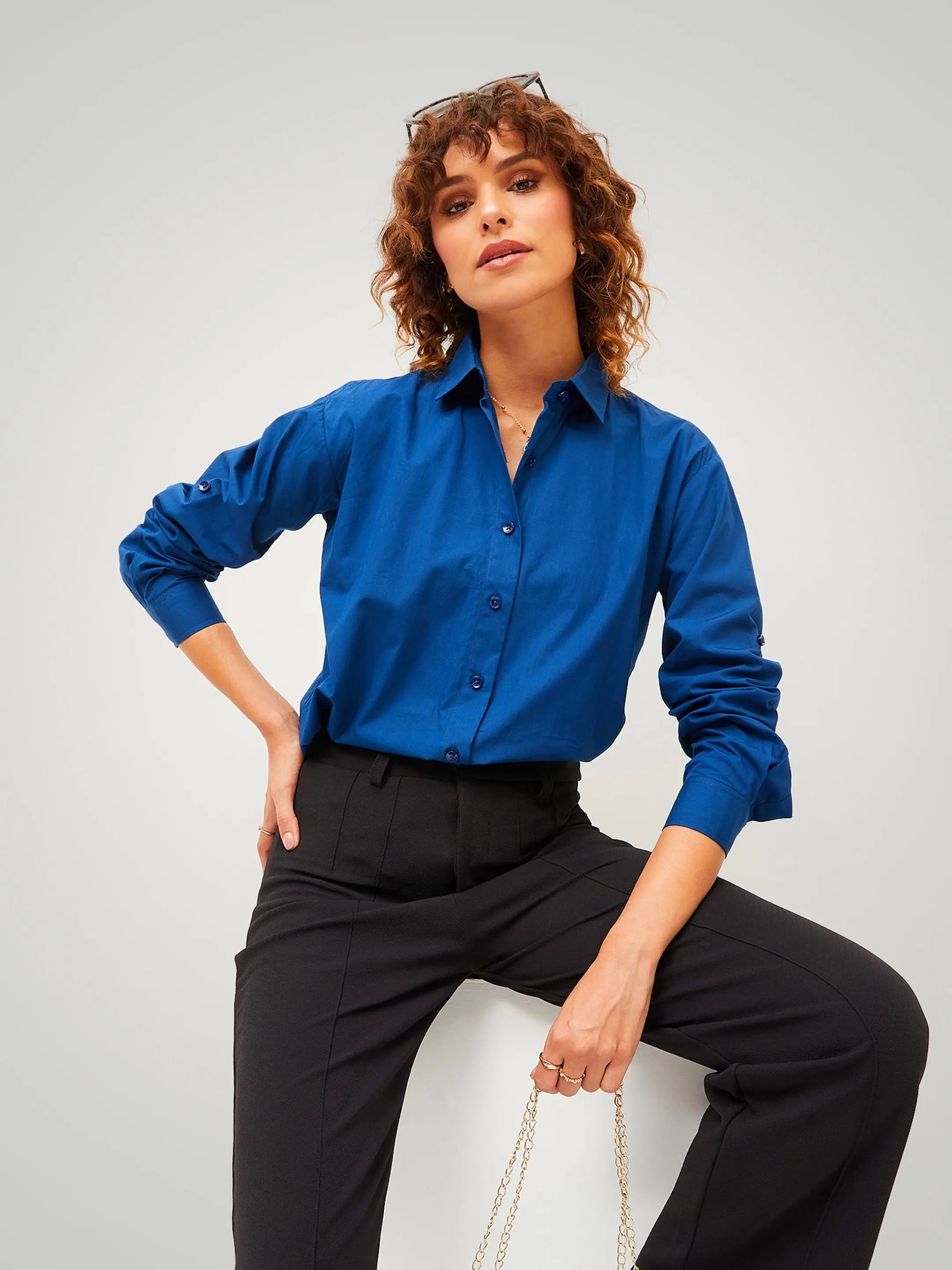 Navy Poplin Oversize Shirt - Comfort Fit, Women's Top