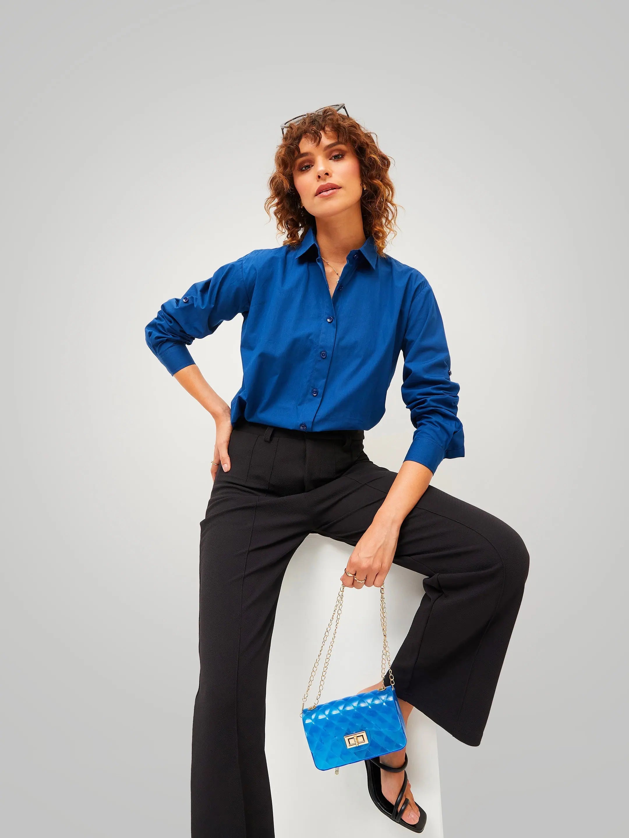 Navy Poplin Oversize Shirt - Comfort Fit, Women's Top