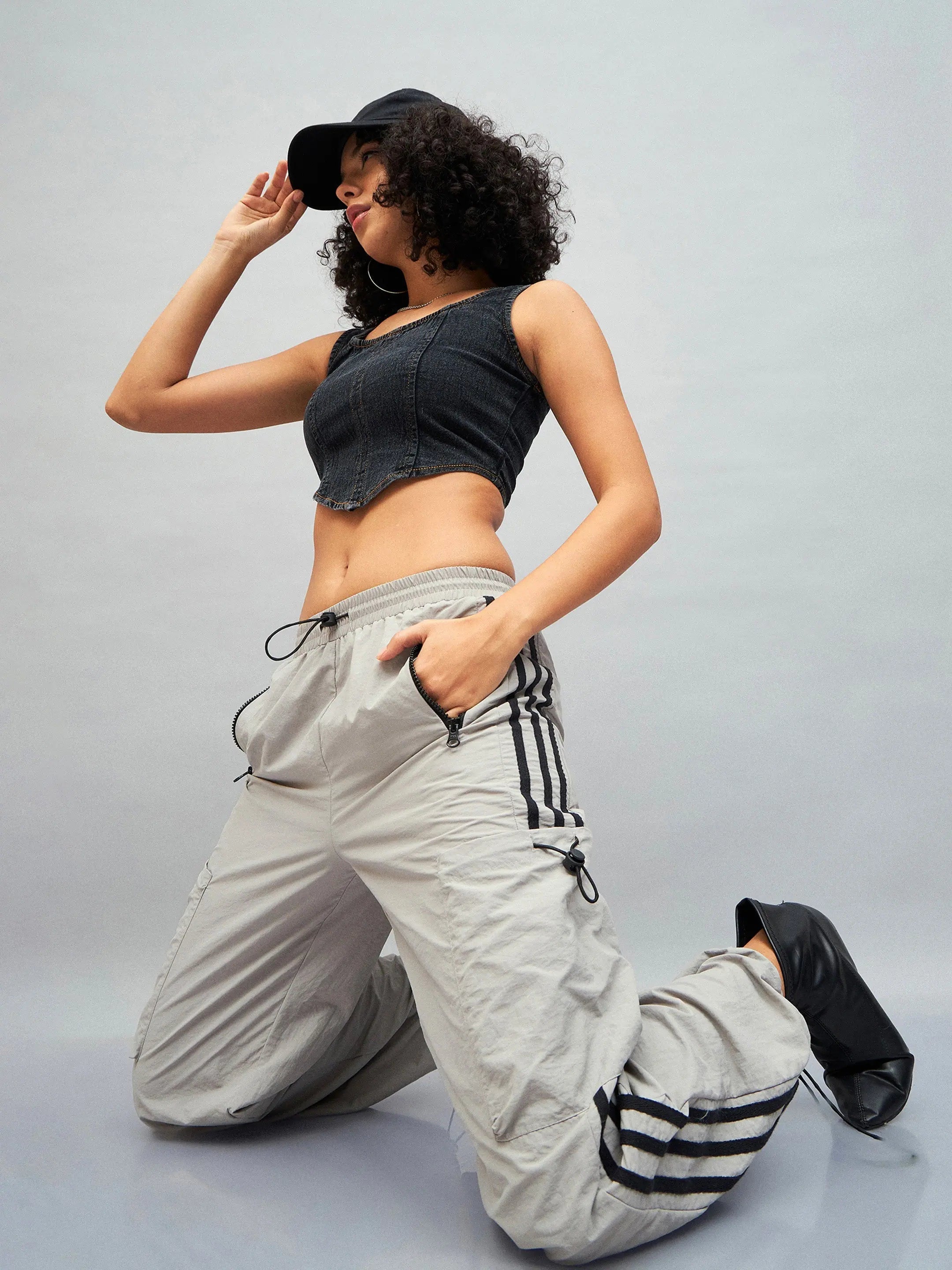 Light Grey Side Tape Parachute Pants - Western Outfits