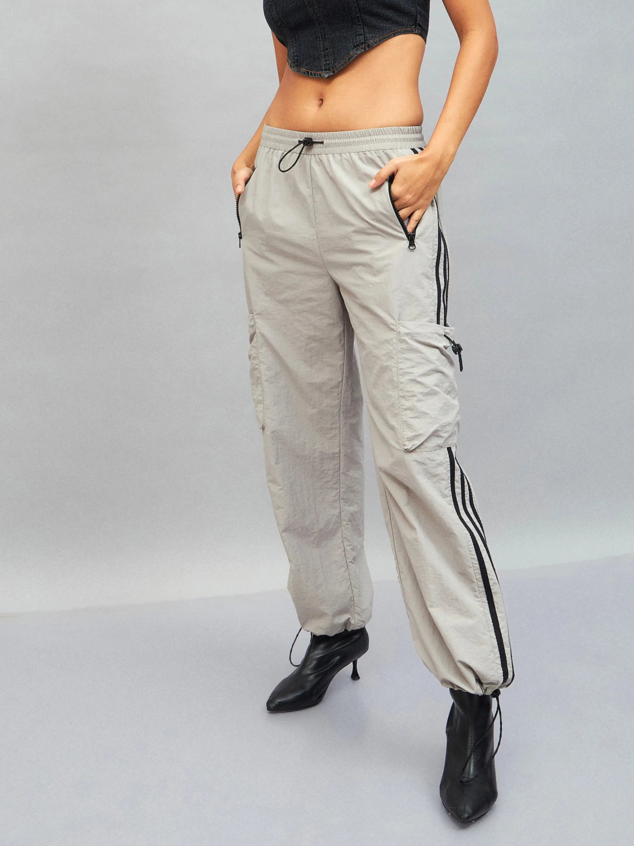 Light Grey Side Tape Parachute Pants - Western Outfits