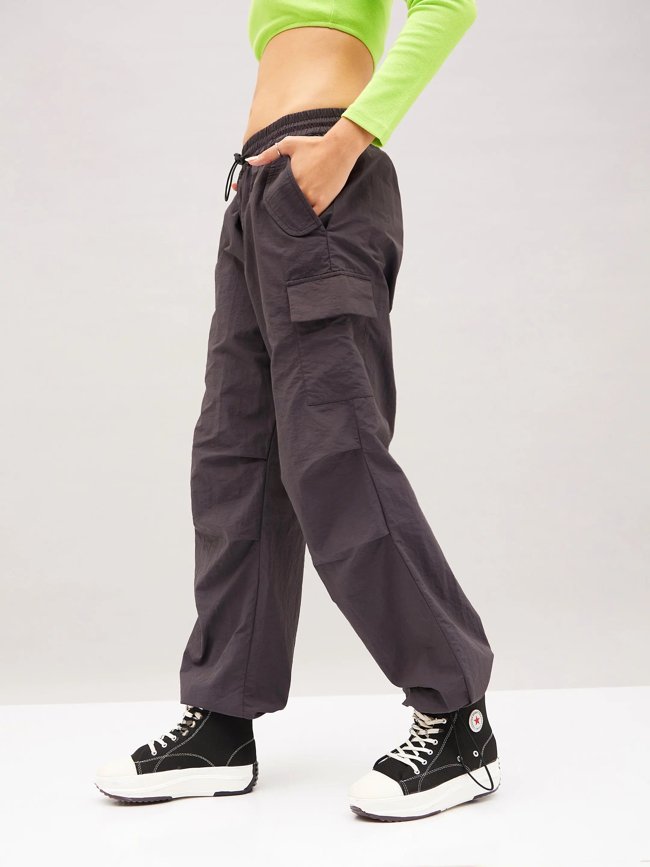 Grey Pleated Cargo Parachute Pants - Women's Western Clothing
