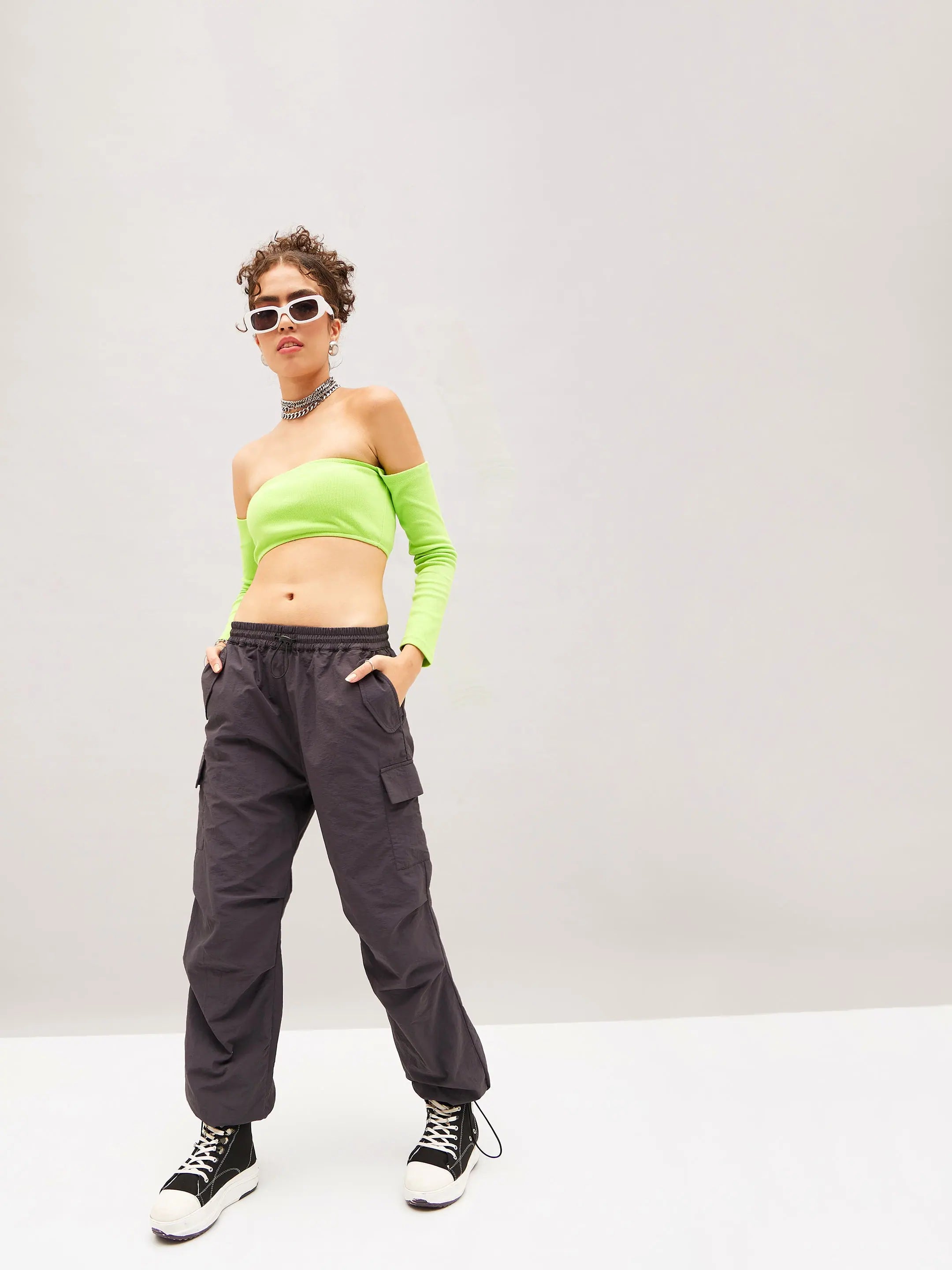 Grey Pleated Cargo Parachute Pants - Women's Western Clothing