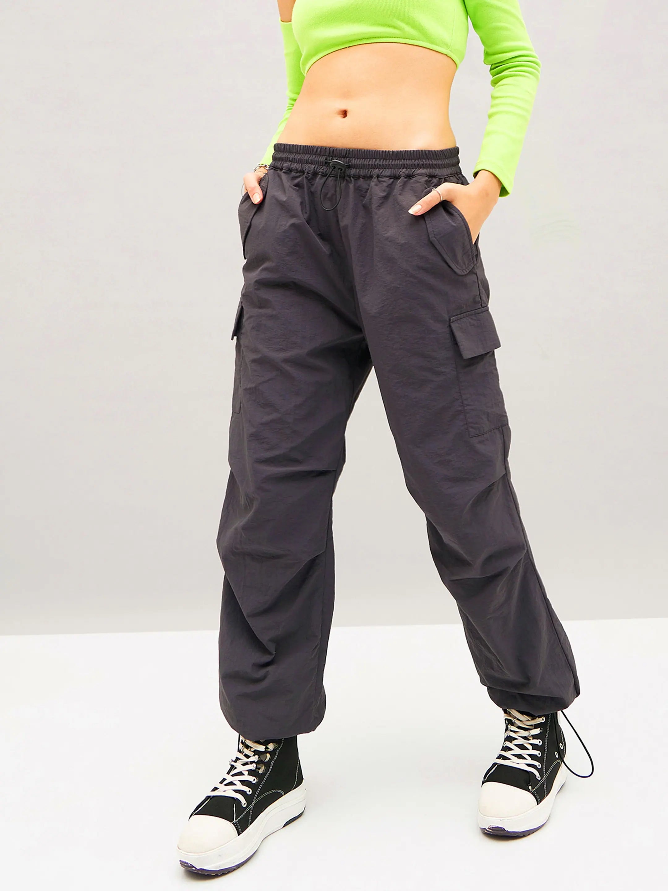 Grey Pleated Cargo Parachute Pants - Women's Western Clothing