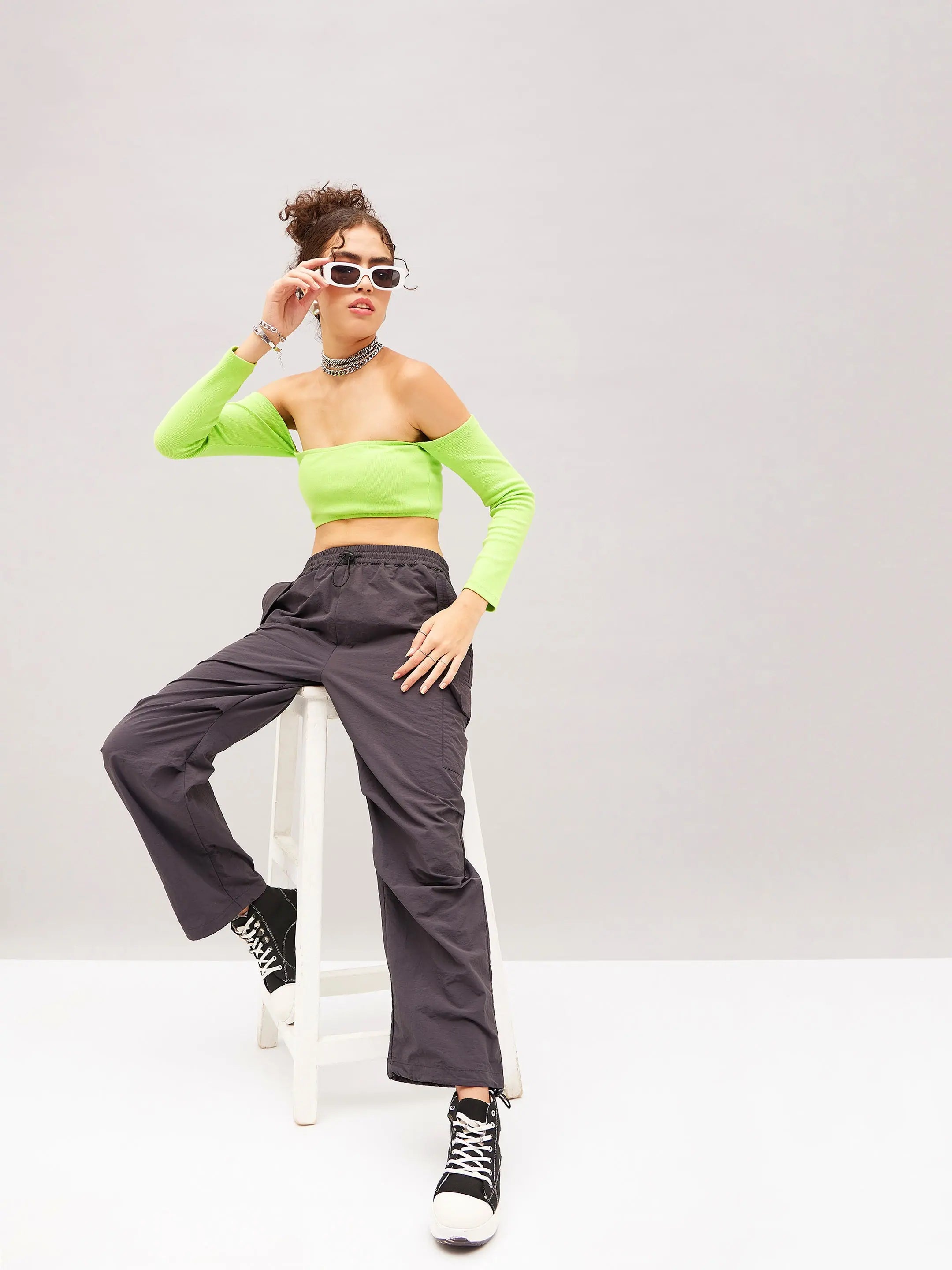 Grey Pleated Cargo Parachute Pants - Women's Western Clothing