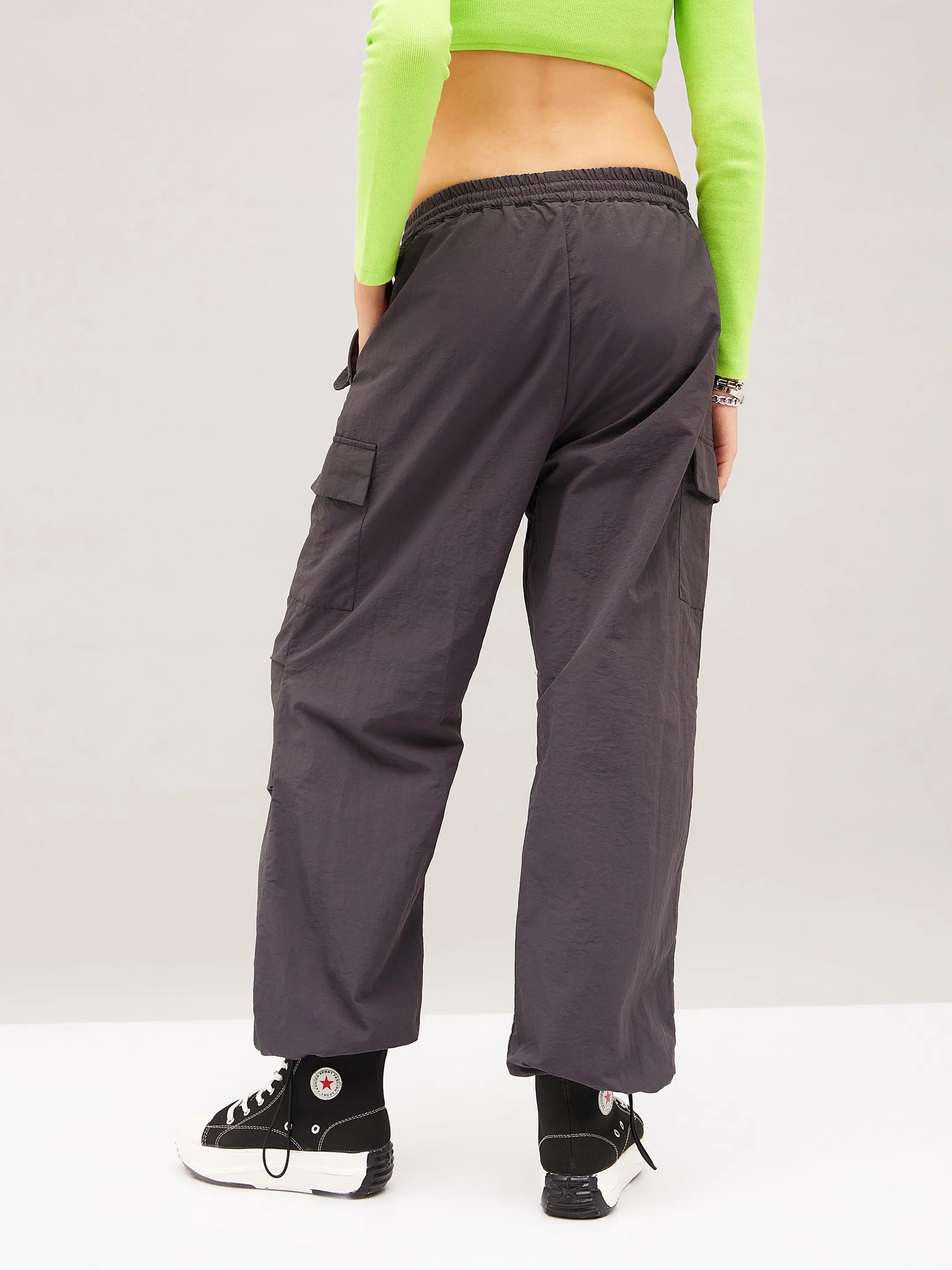 Grey Pleated Cargo Parachute Pants - Women's Western Clothing