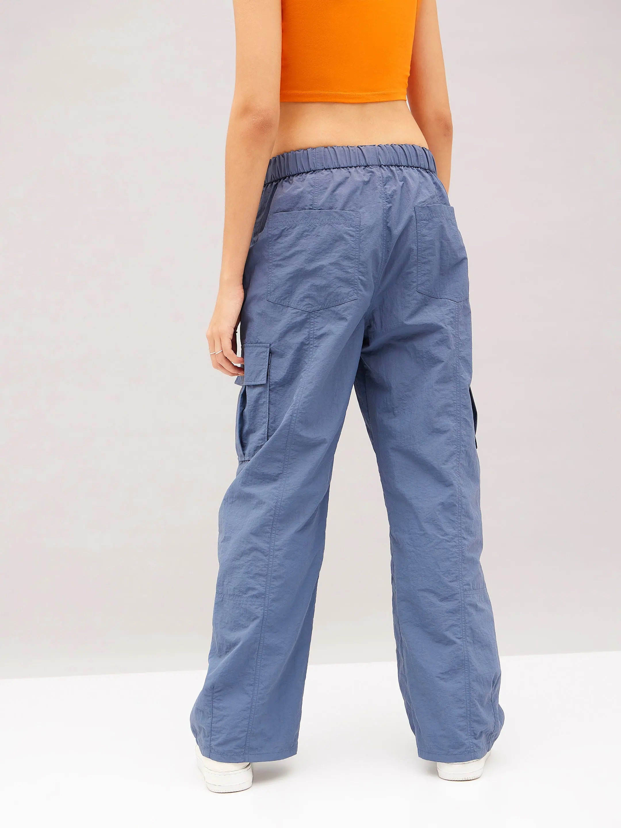 Blue Flap Pocket Cargo Parachute Pants - Western Outfits