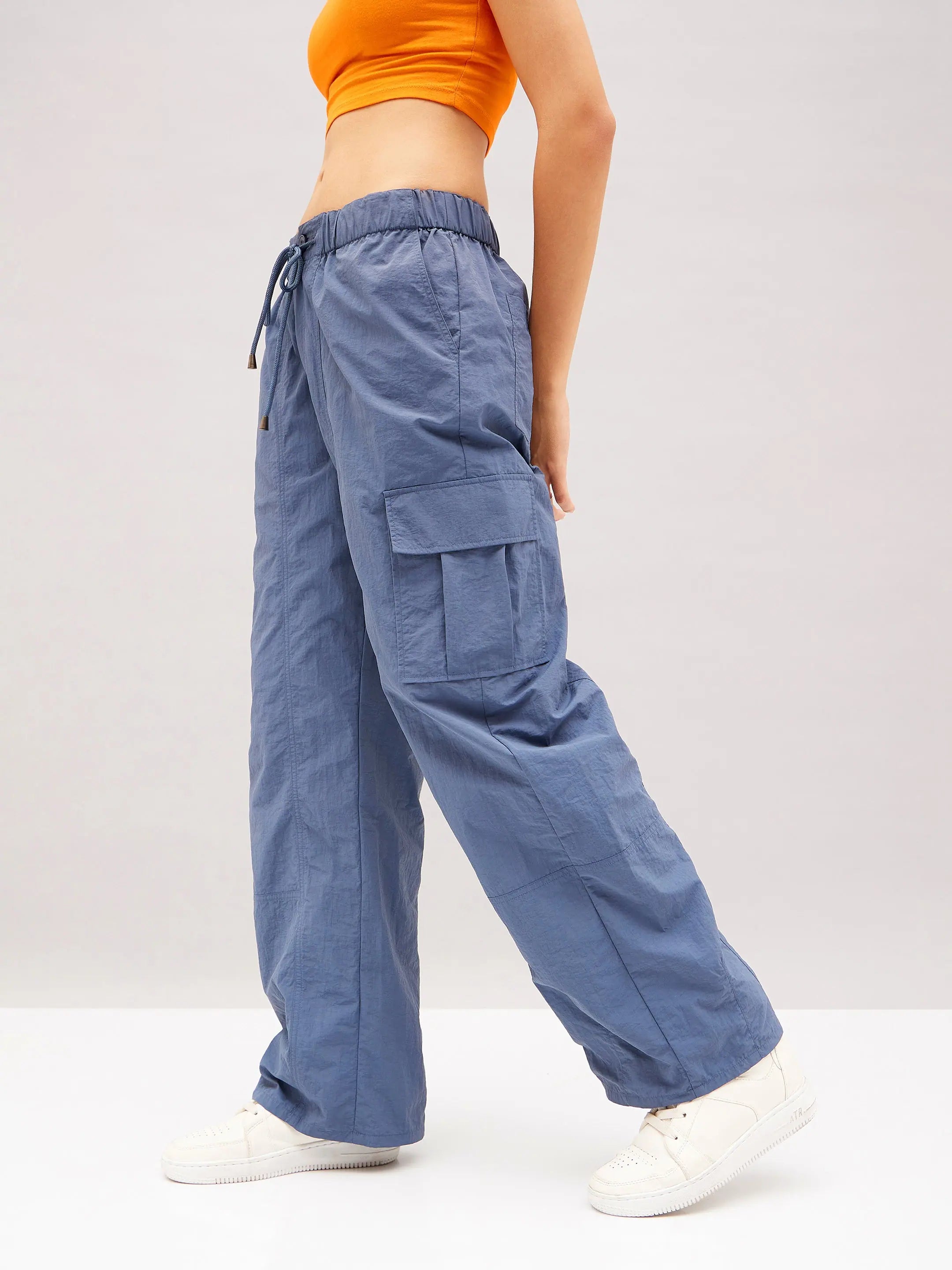 Blue Flap Pocket Cargo Parachute Pants - Western Outfits