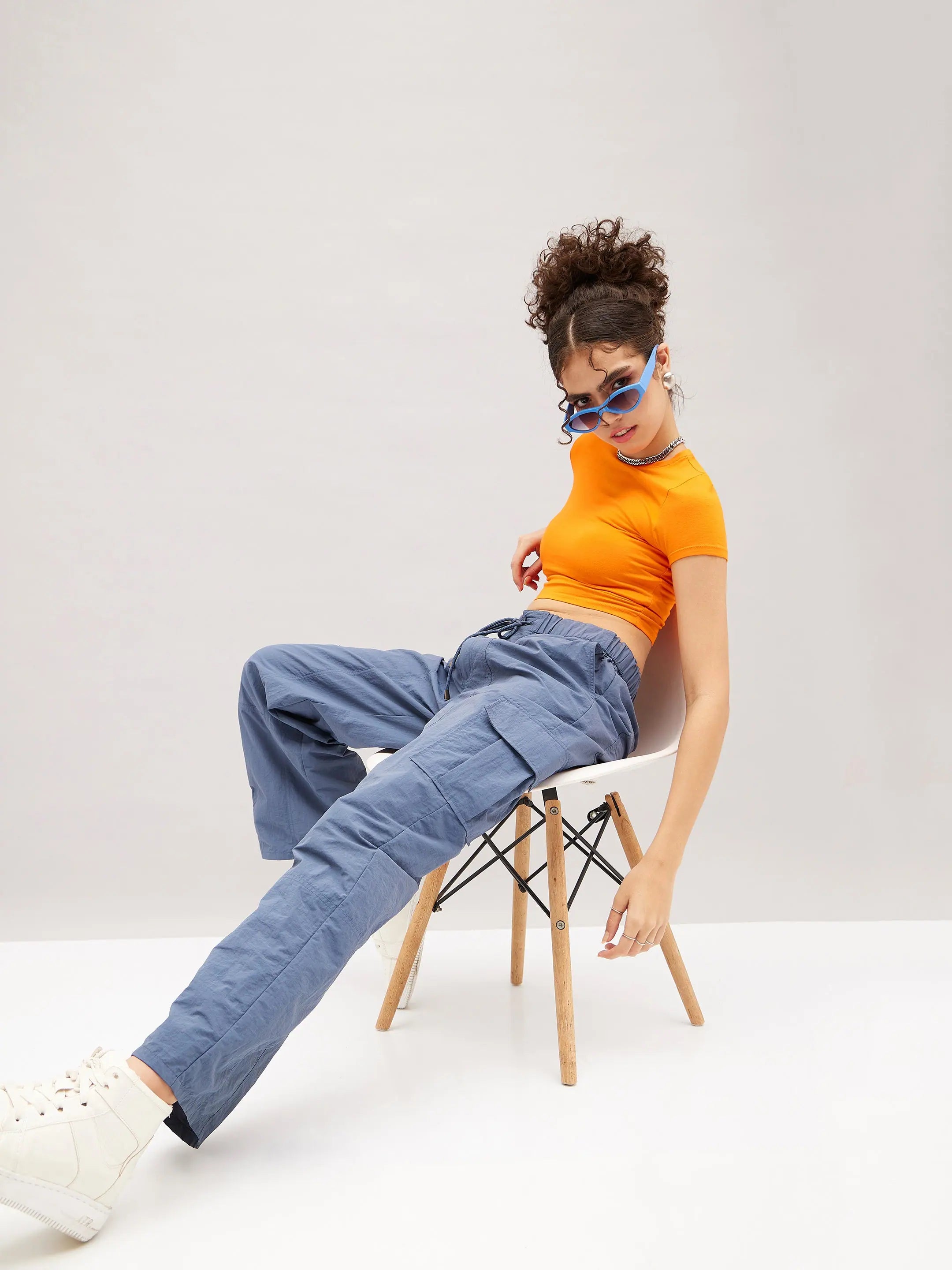 Blue Flap Pocket Cargo Parachute Pants - Western Outfits