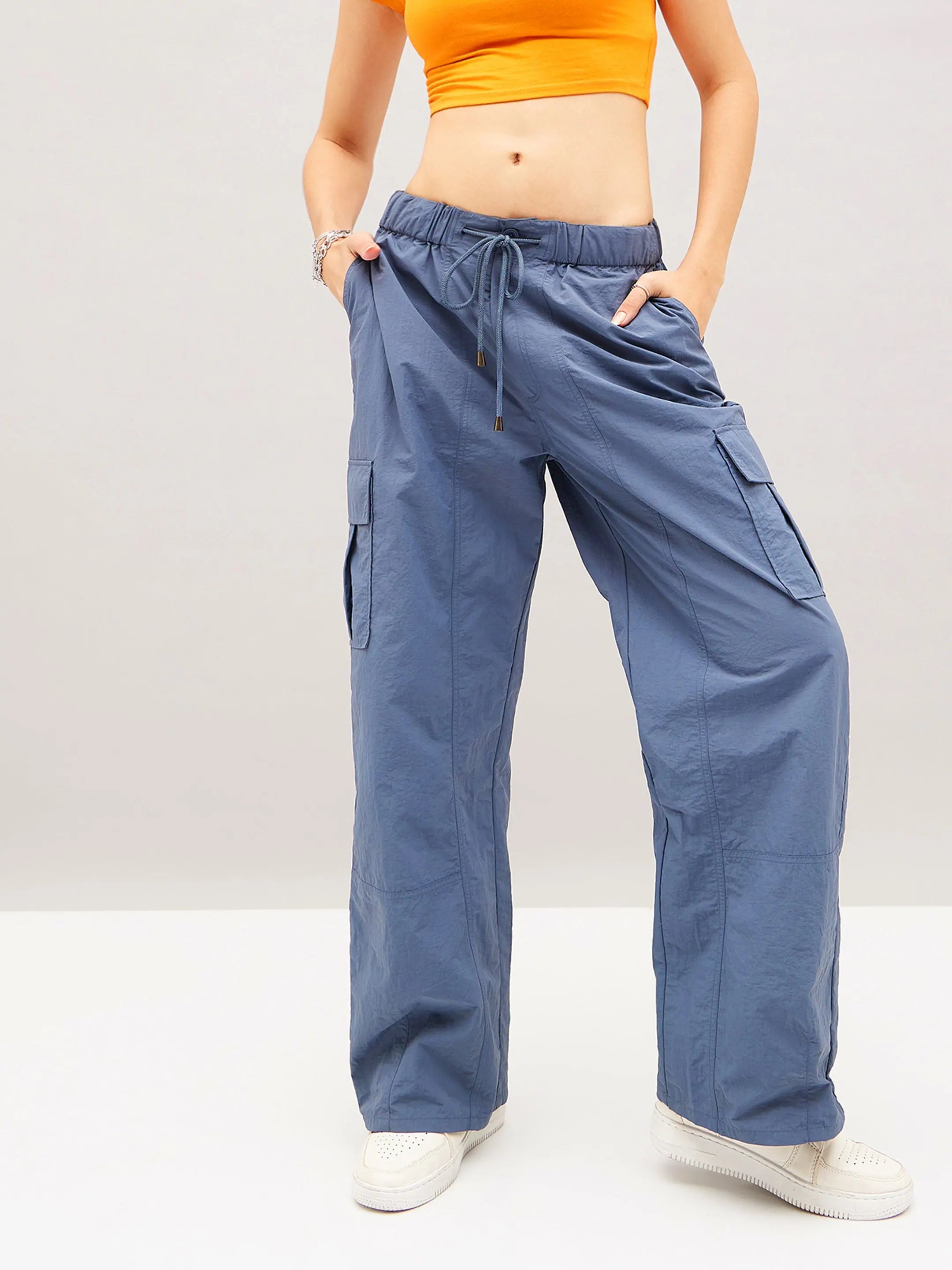 Blue Flap Pocket Cargo Parachute Pants - Western Outfits