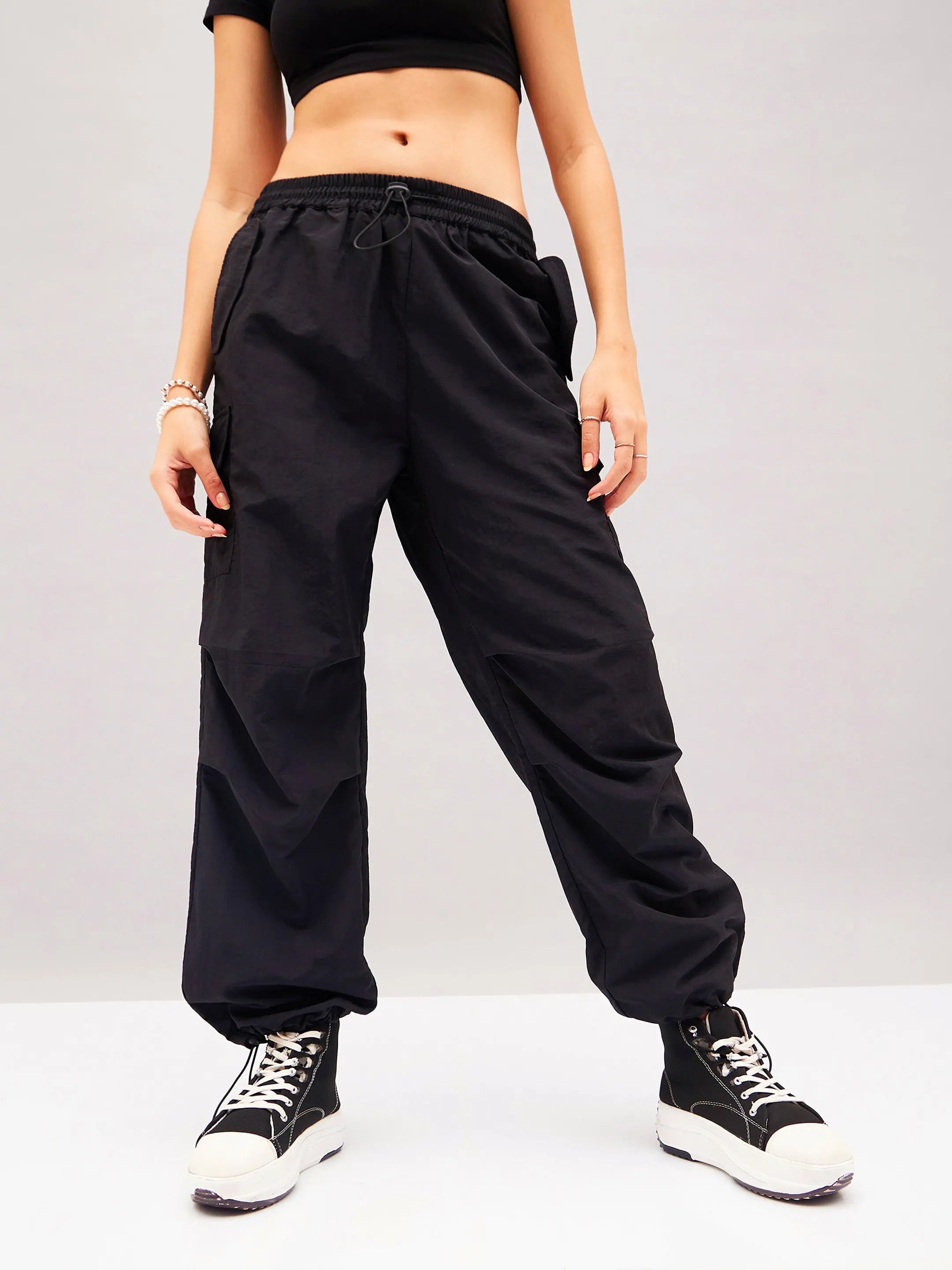 Black Pleated Cargo Parachute Pants - Women's Western Wear
