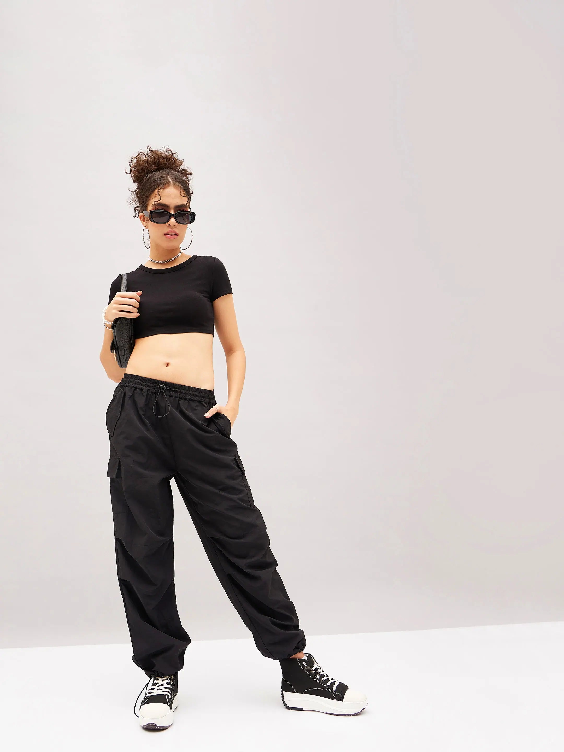 Black Pleated Cargo Parachute Pants - Women's Western Wear