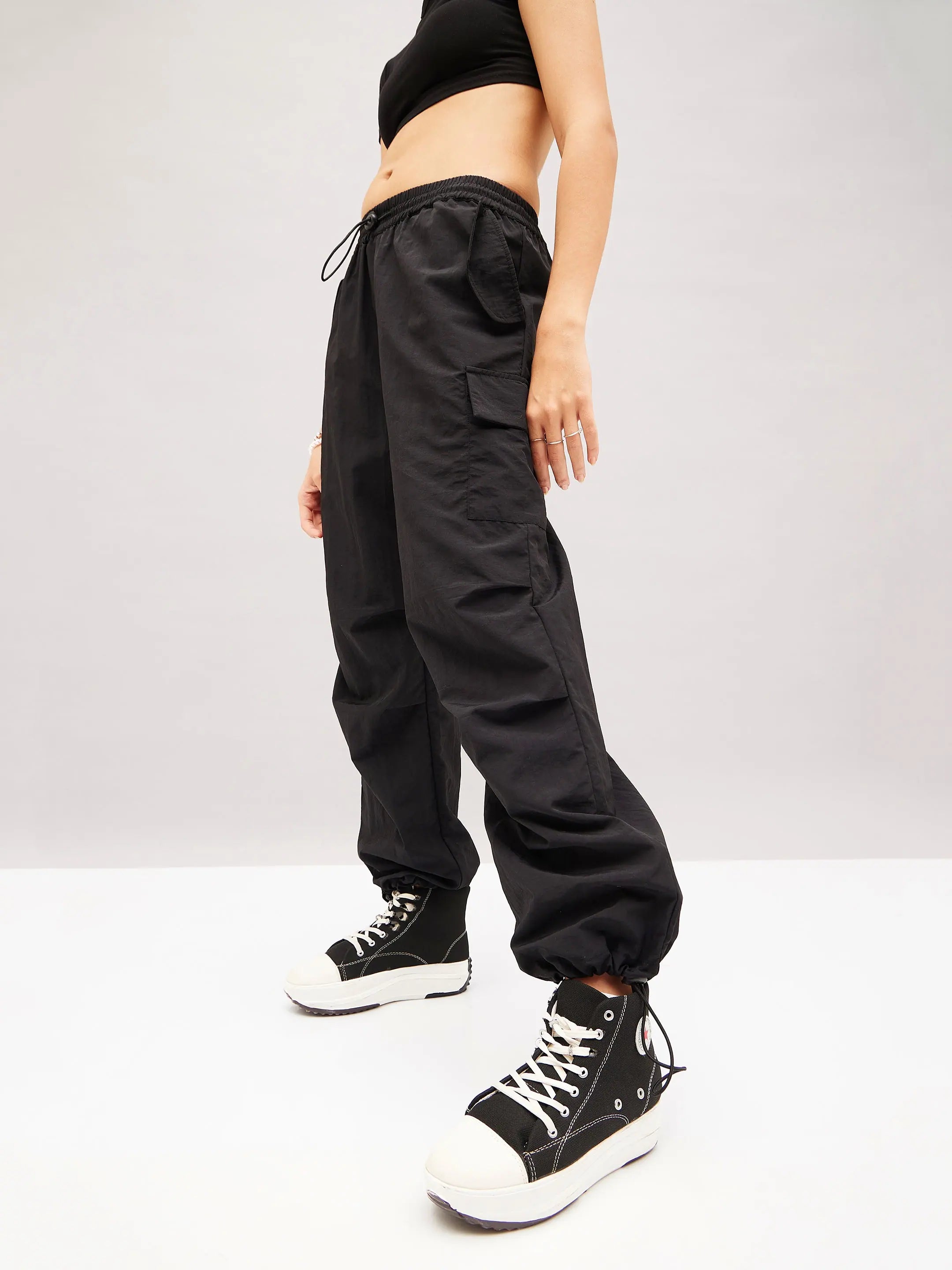 Black Pleated Cargo Parachute Pants - Women's Western Wear