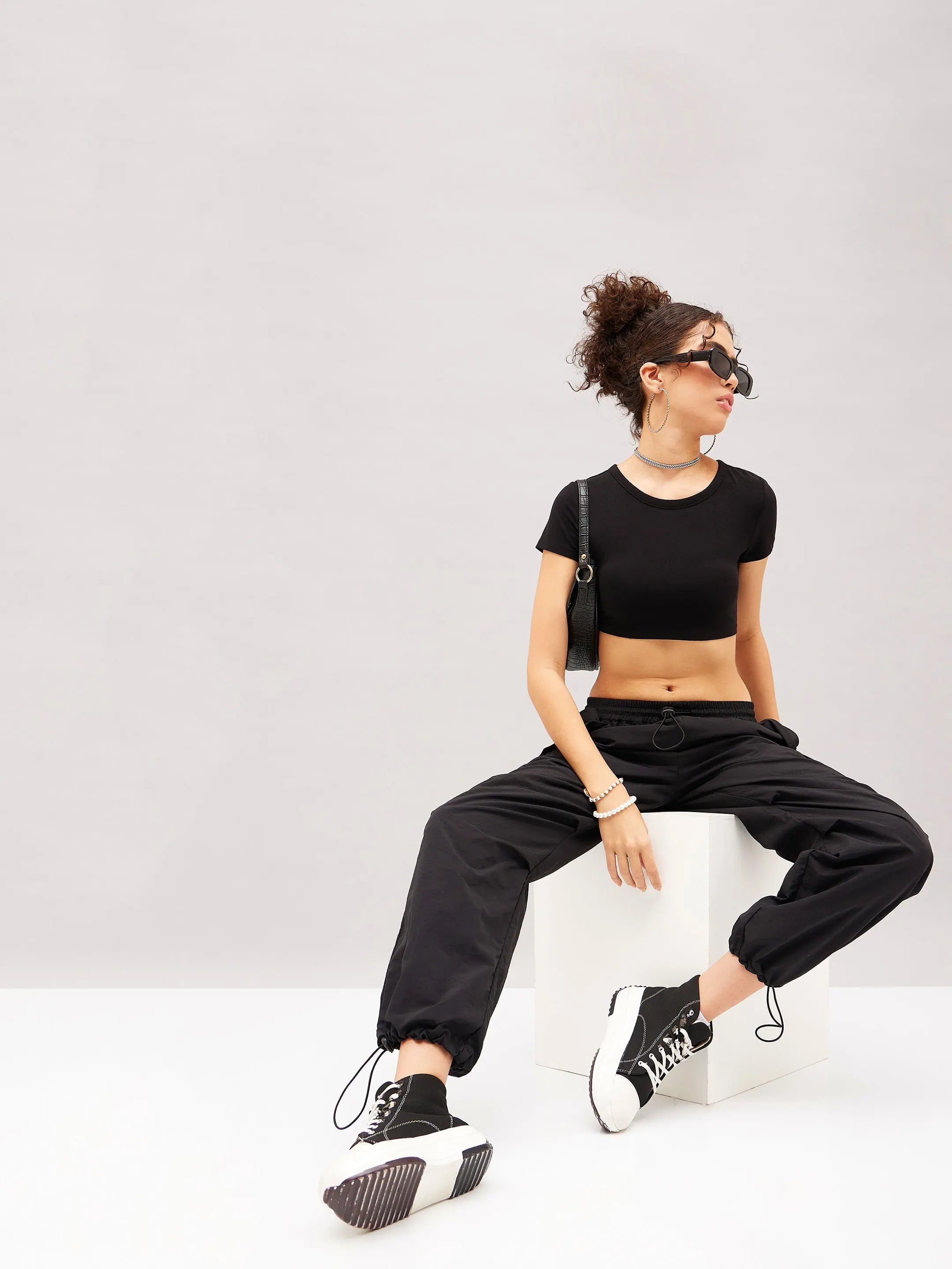 Black Pleated Cargo Parachute Pants - Women's Western Wear