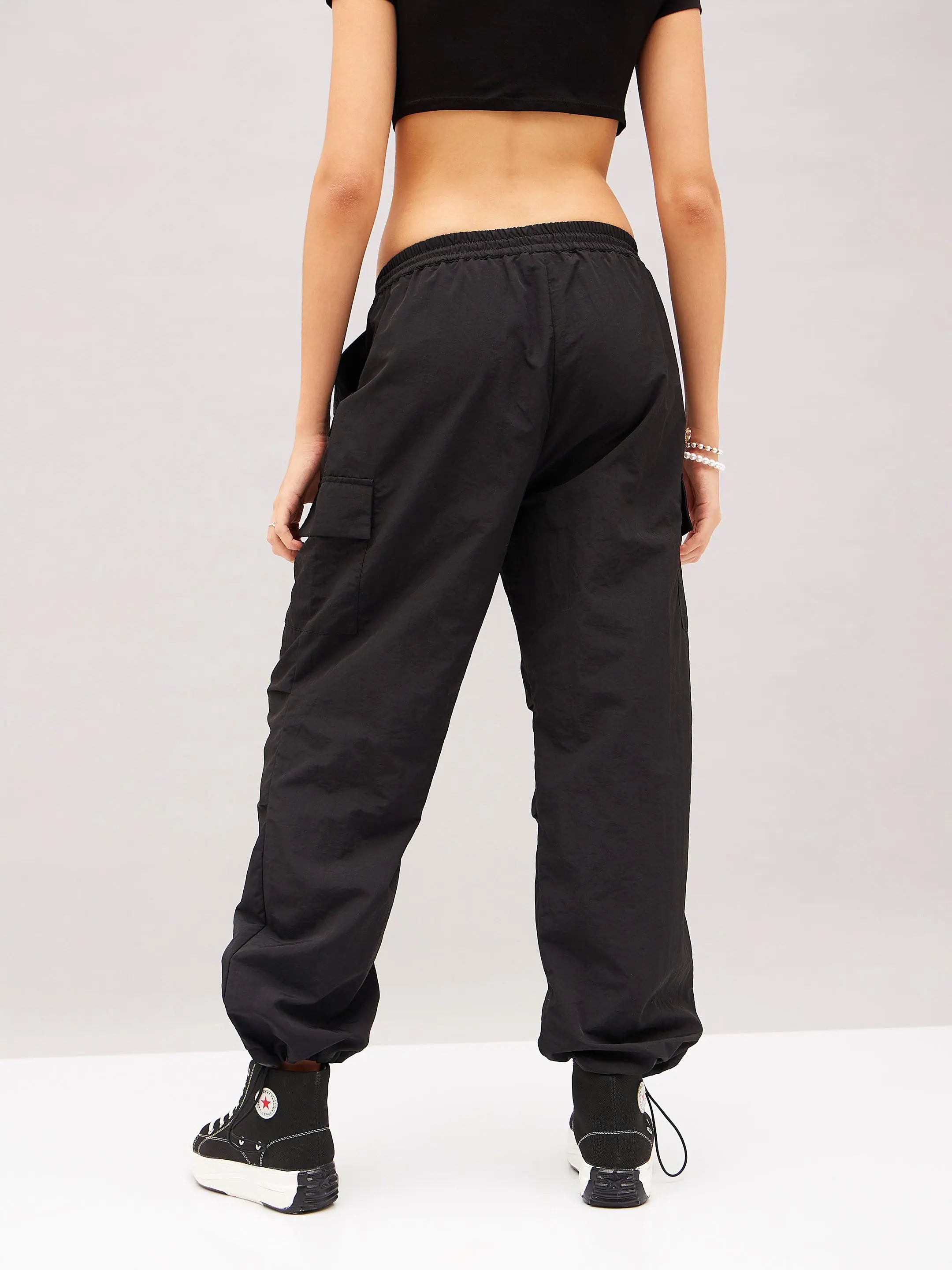 Black Pleated Cargo Parachute Pants - Women's Western Wear