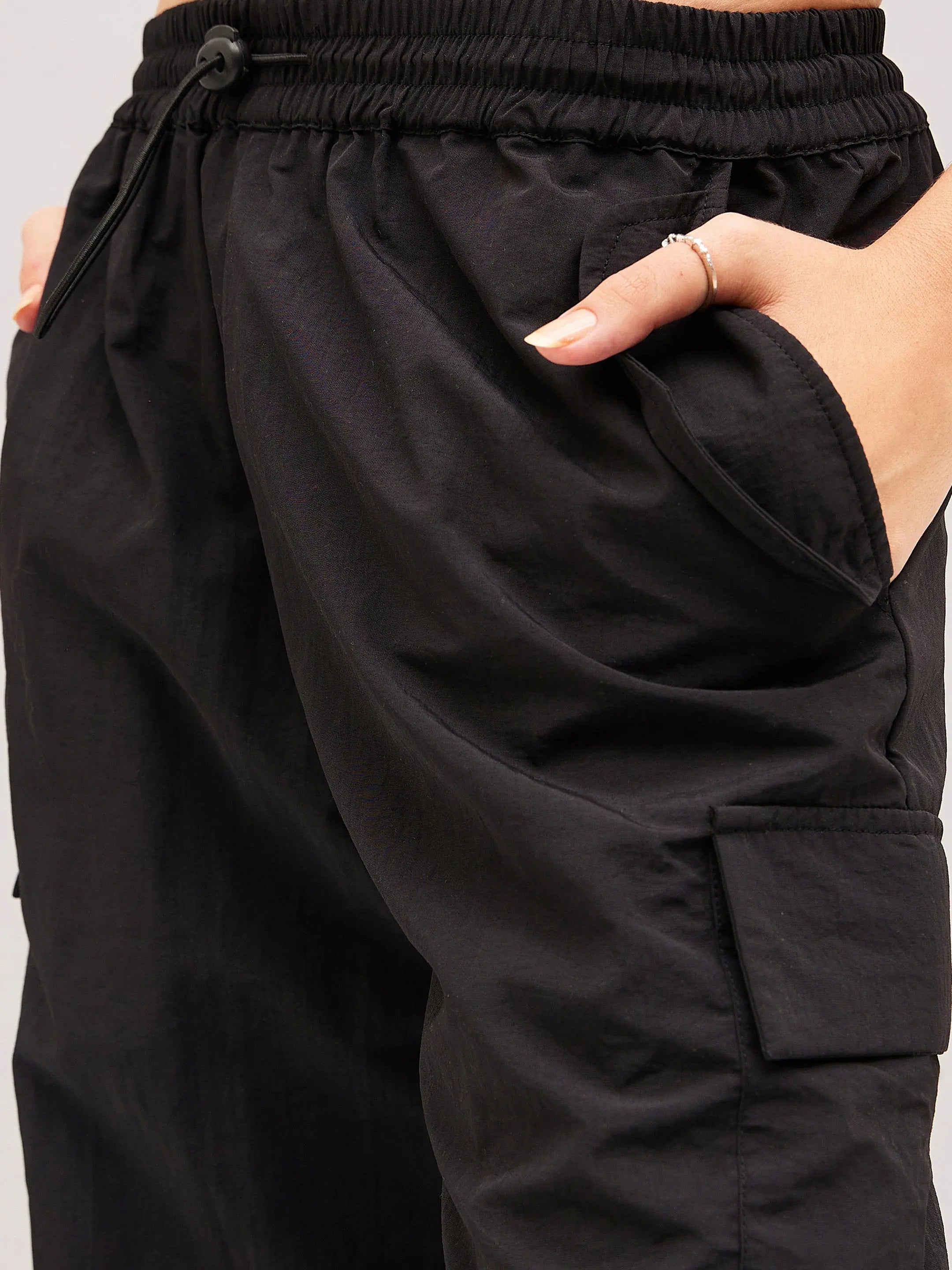 Black Pleated Cargo Parachute Pants - Women's Western Wear