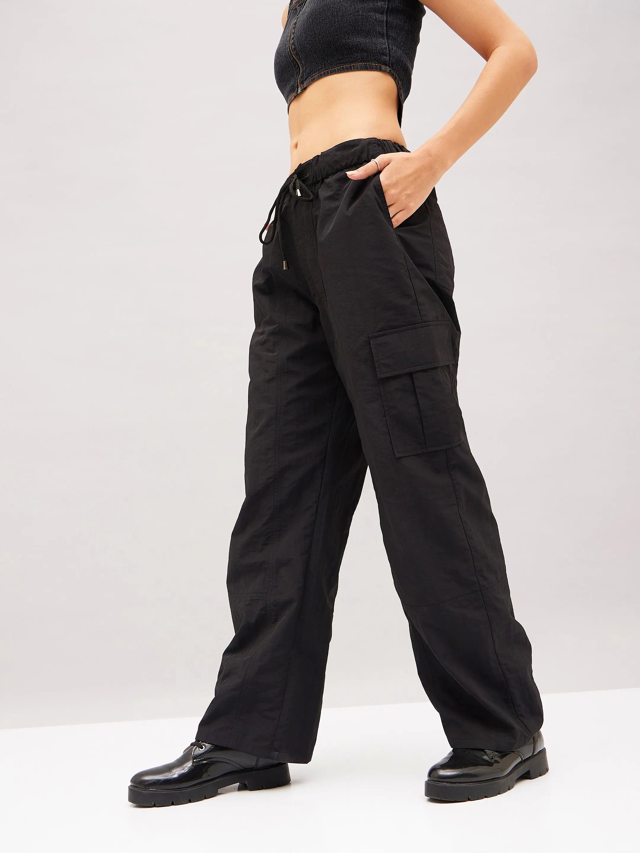 Black Cargo Parachute Pants - Women's Western Clothing