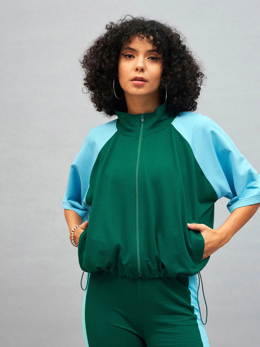 Women Color Blocked Standard Green Full Sleeve Jacket 2160