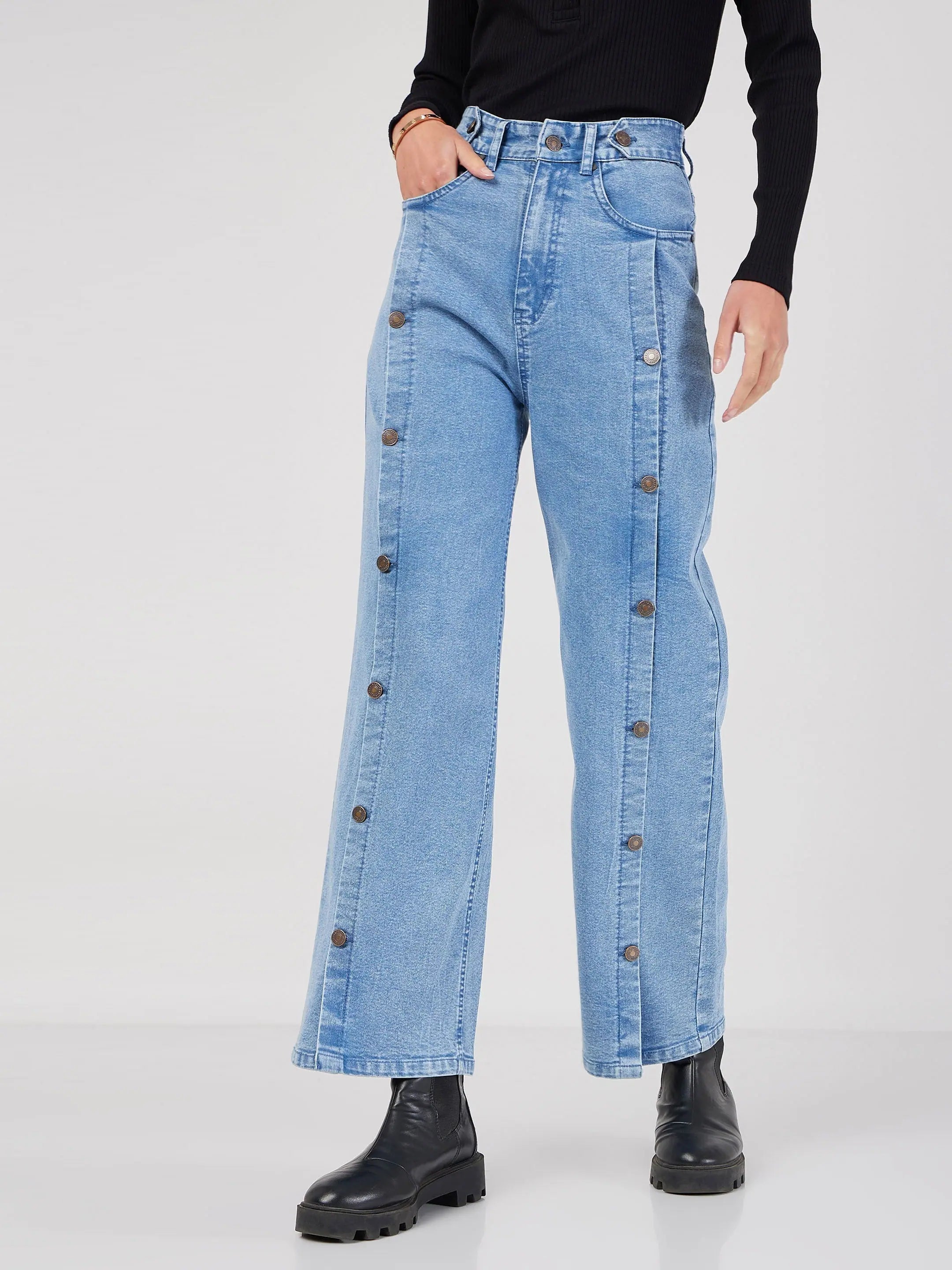 Blue Front Button Straight Jeans | Women's Denim Bottoms