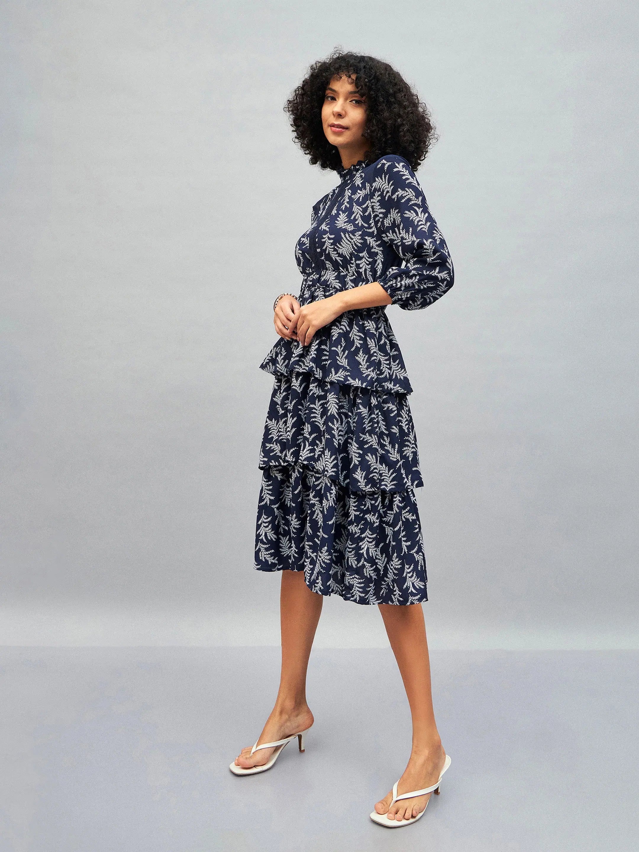 Blue Floral Tiered Midi Dress | Party Wear Lehenga Online