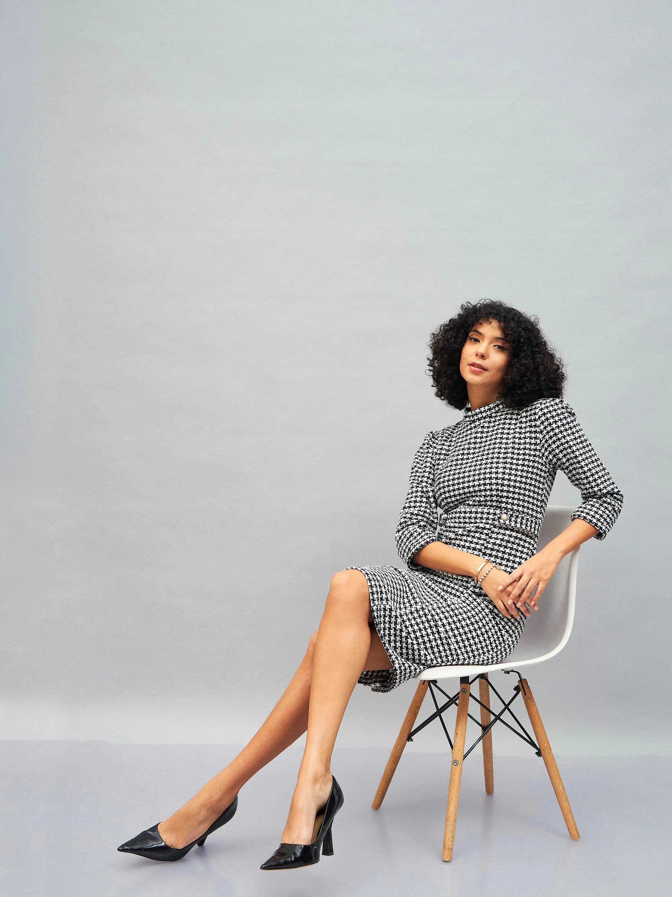 Black Geo Jacquard Tweed Midi Dress | Women's Lehenga for Women