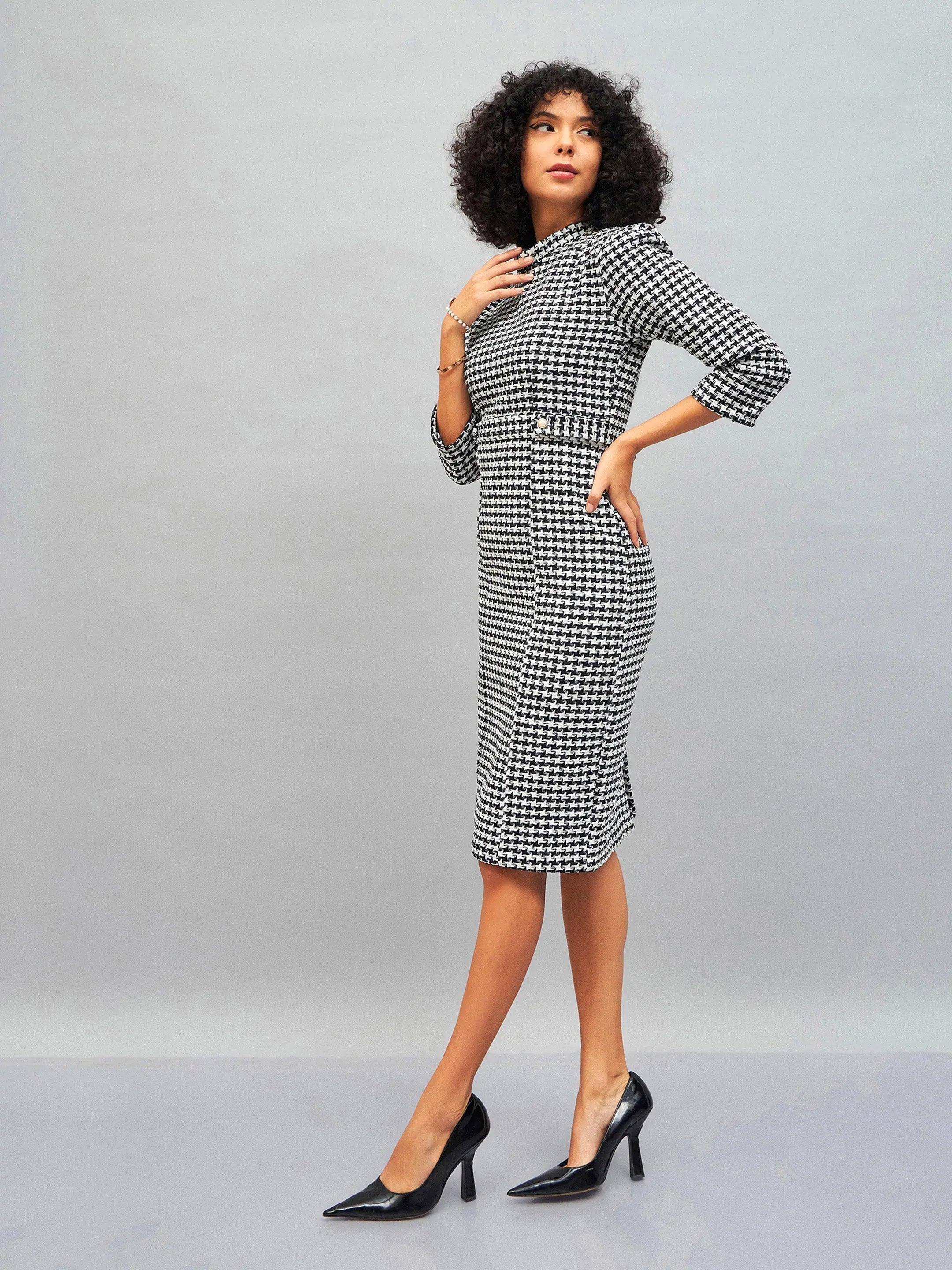 Black Geo Jacquard Tweed Midi Dress | Women's Lehenga for Women